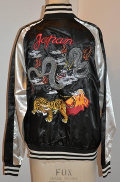 Japanese Ivory & Black Satin Fully Lined Hand-Embroidered Bomber Jacket