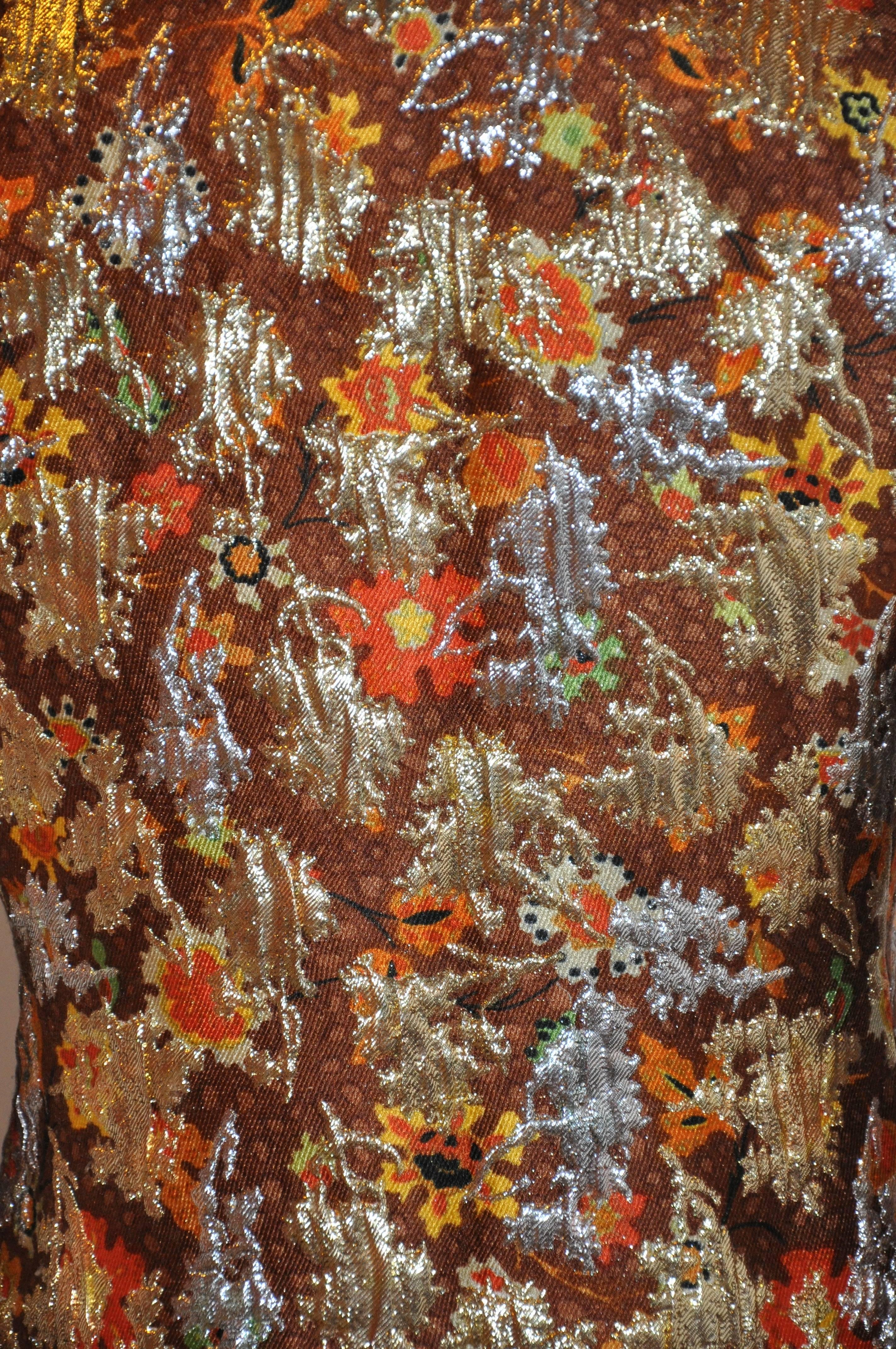 Brown Galanos Multi-Color with Metallic Gold Lame Multi-Floral Brocade Evening Coat For Sale