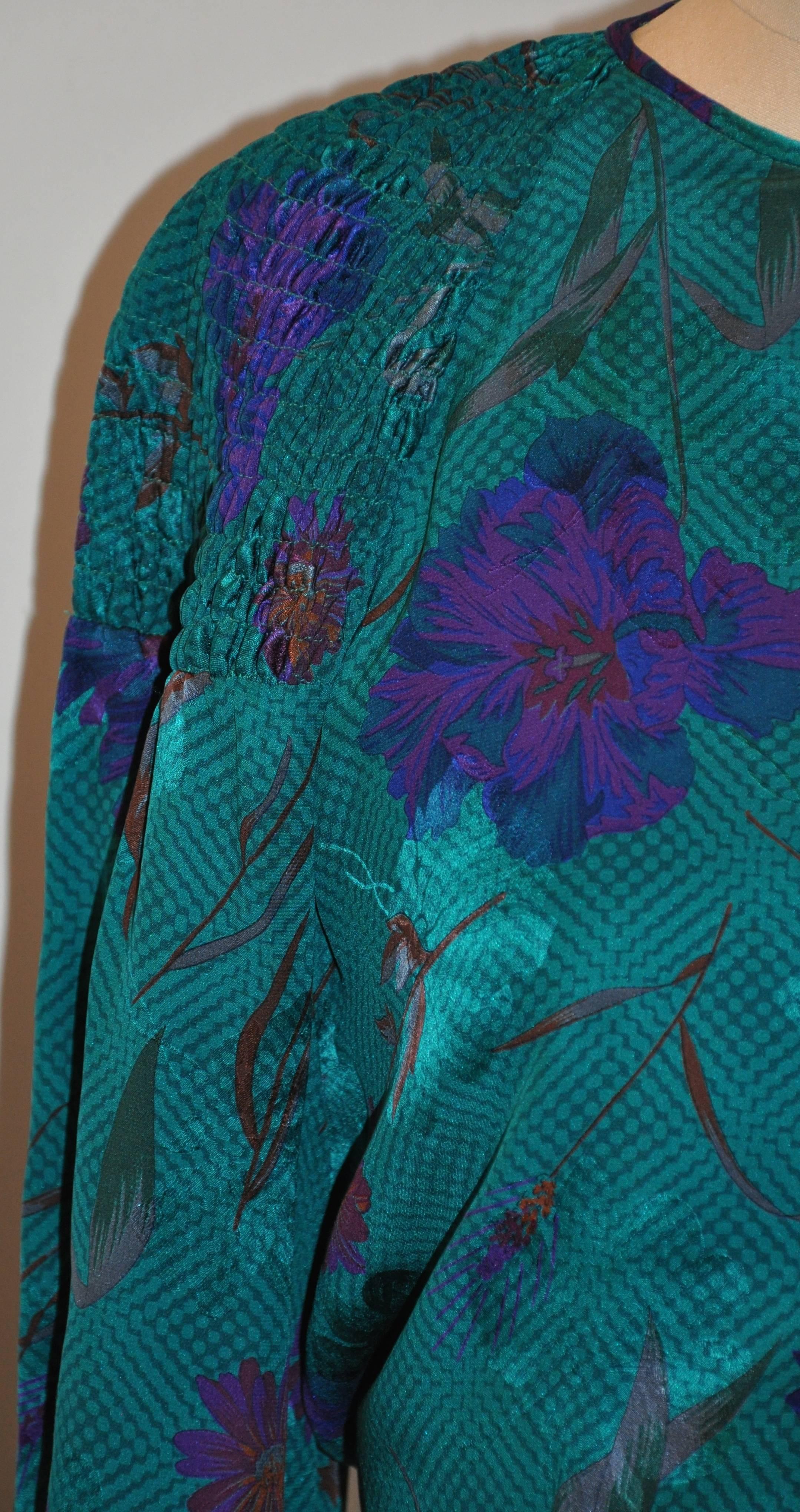 Multi-Floral Emerald Green Floral Silk Jacquard Dress In Good Condition In New York, NY