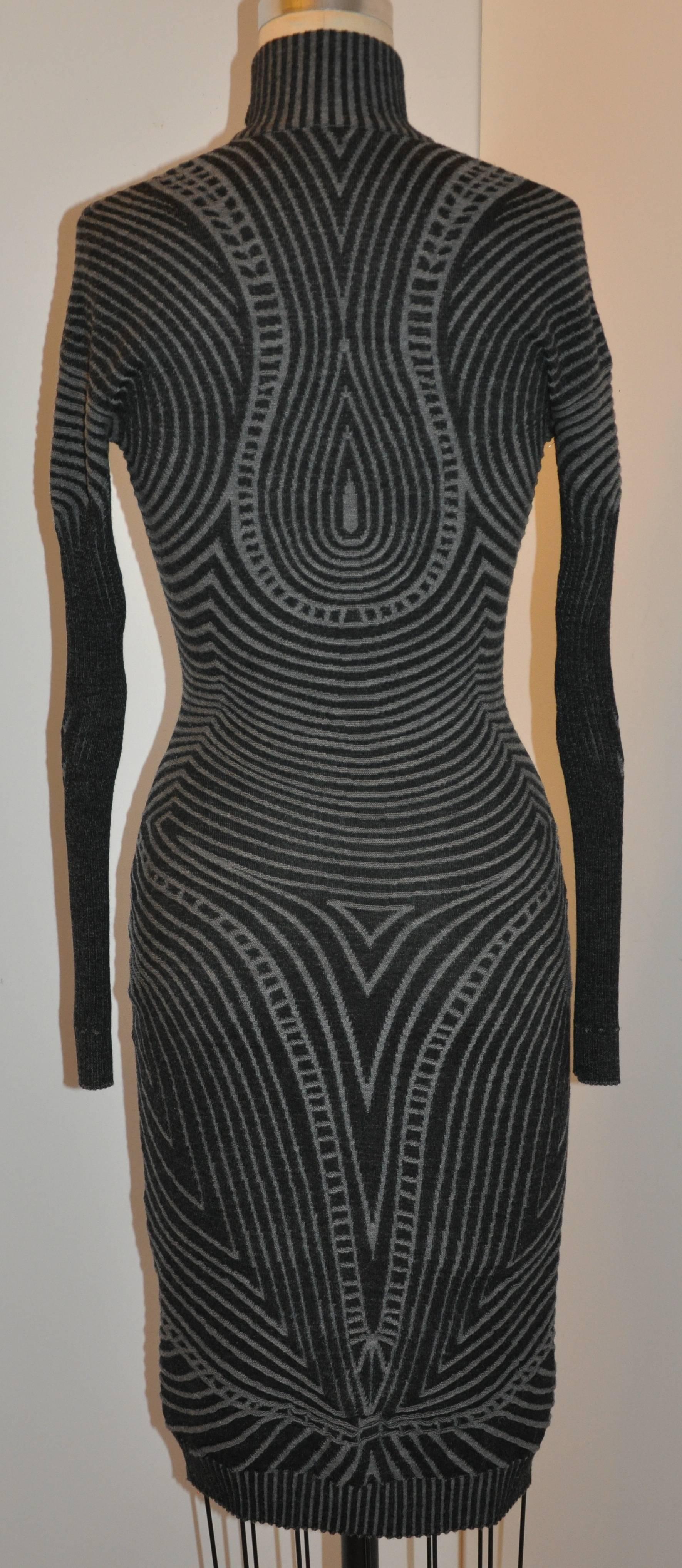       Alexander McQueen's wonderful elegant yet sexy charcoal and gray body-hugging bold abstract high-neck deep zipper front can be worn from day into the evening hours. During the day, wear this merino-wool dress zippered, and as the evening comes