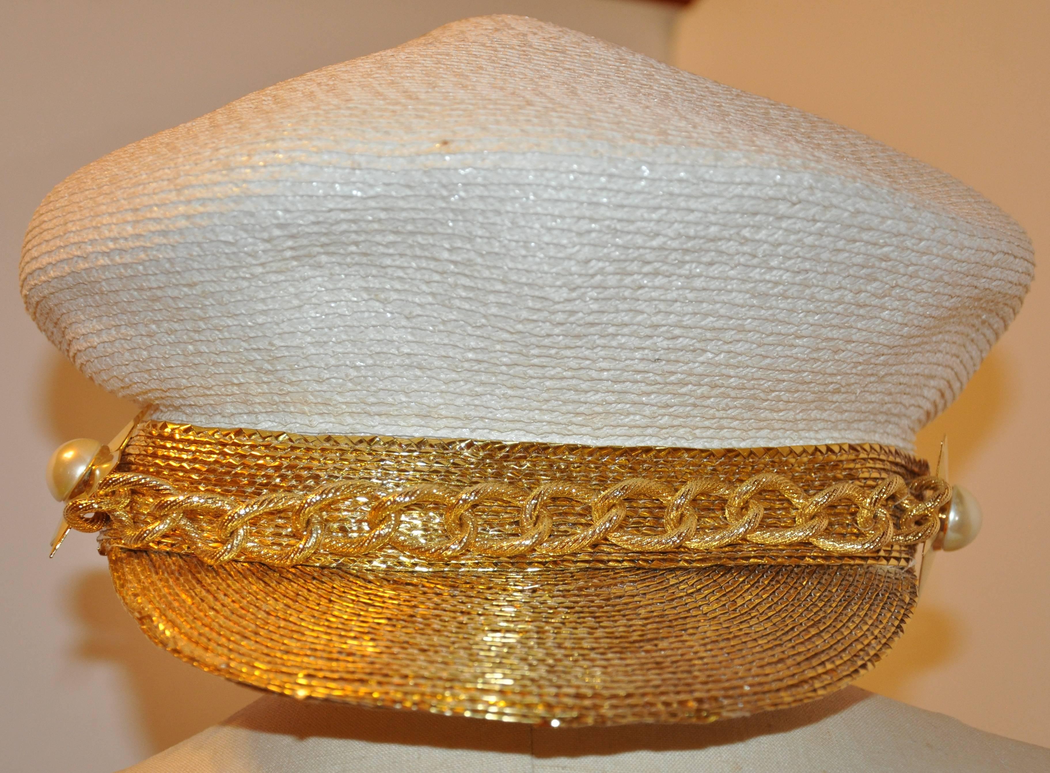 Frank Olive Ivory Woven Wicker/Metallic Gold with Gold Hardware Accent Beret In Good Condition In New York, NY