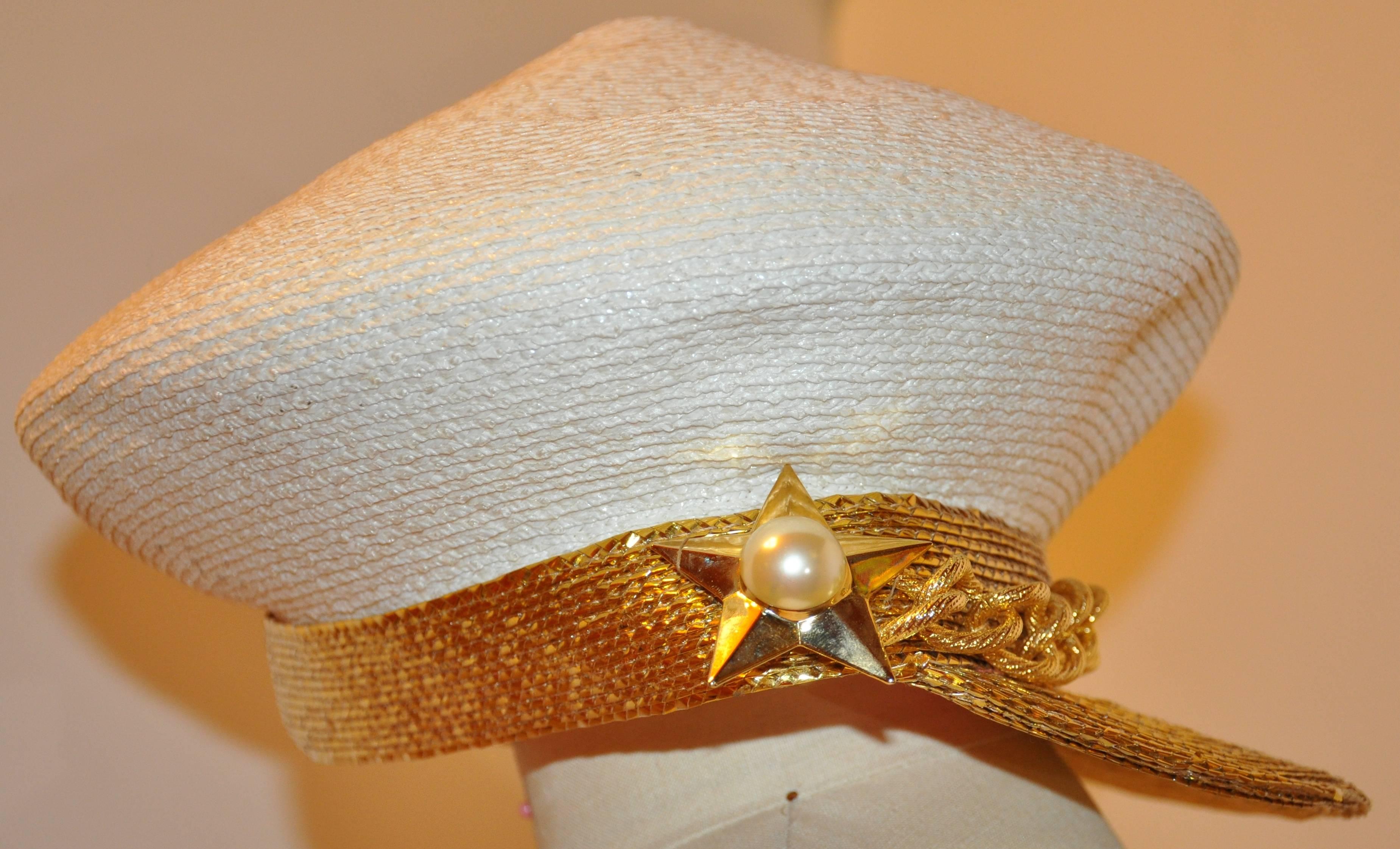 Women's or Men's Frank Olive Ivory Woven Wicker/Metallic Gold with Gold Hardware Accent Beret