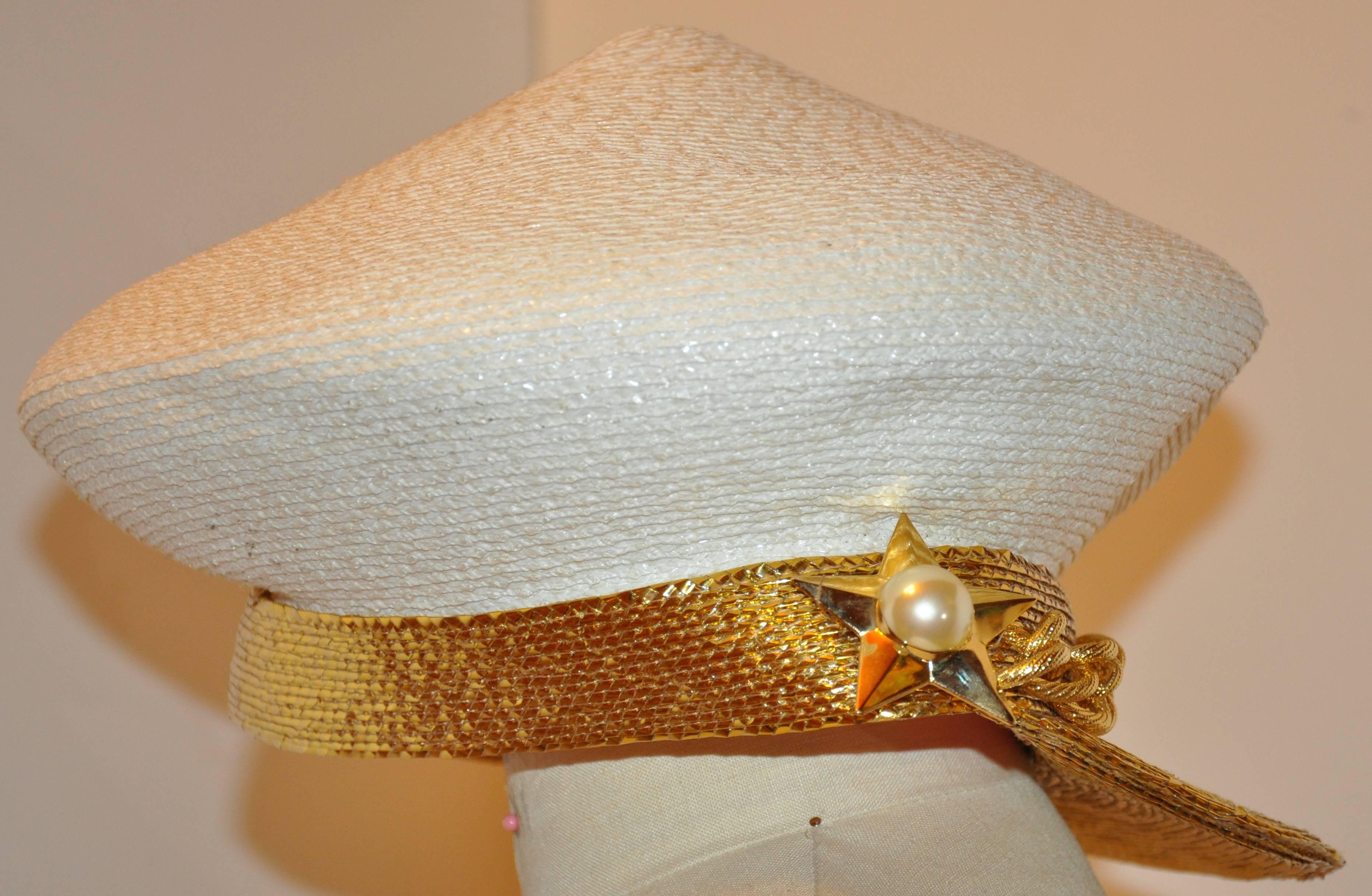 Frank Olive Ivory Woven Wicker/Metallic Gold with Gold Hardware Accent Beret 1