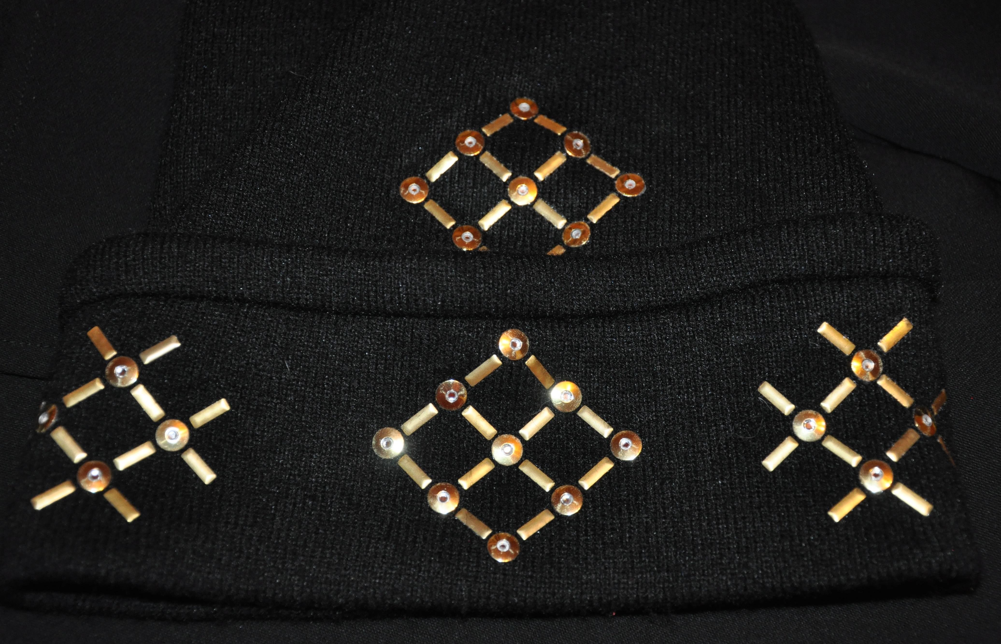 Women's or Men's Black Ribbed with Gold Dots/ Squares & Metallic Gold Lame Stretch Cap-Hat