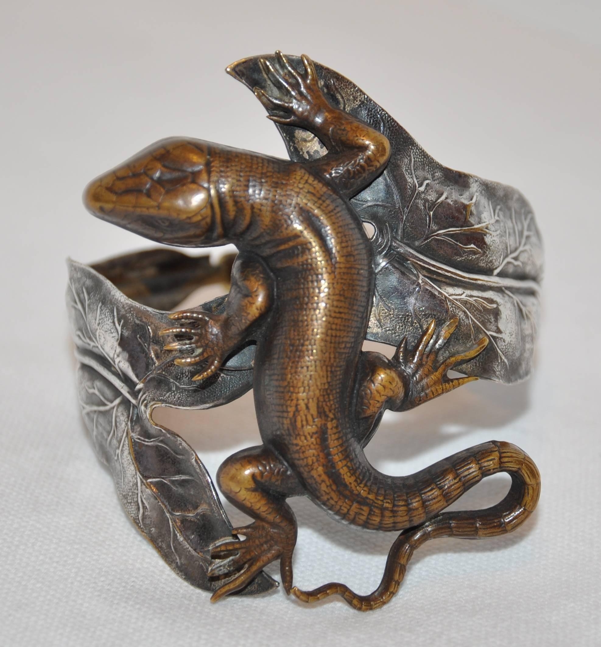 Artisan Form Fitting Adjustable Silver leaves with Detailed Bronze Lizard Cuff Bracelet For Sale