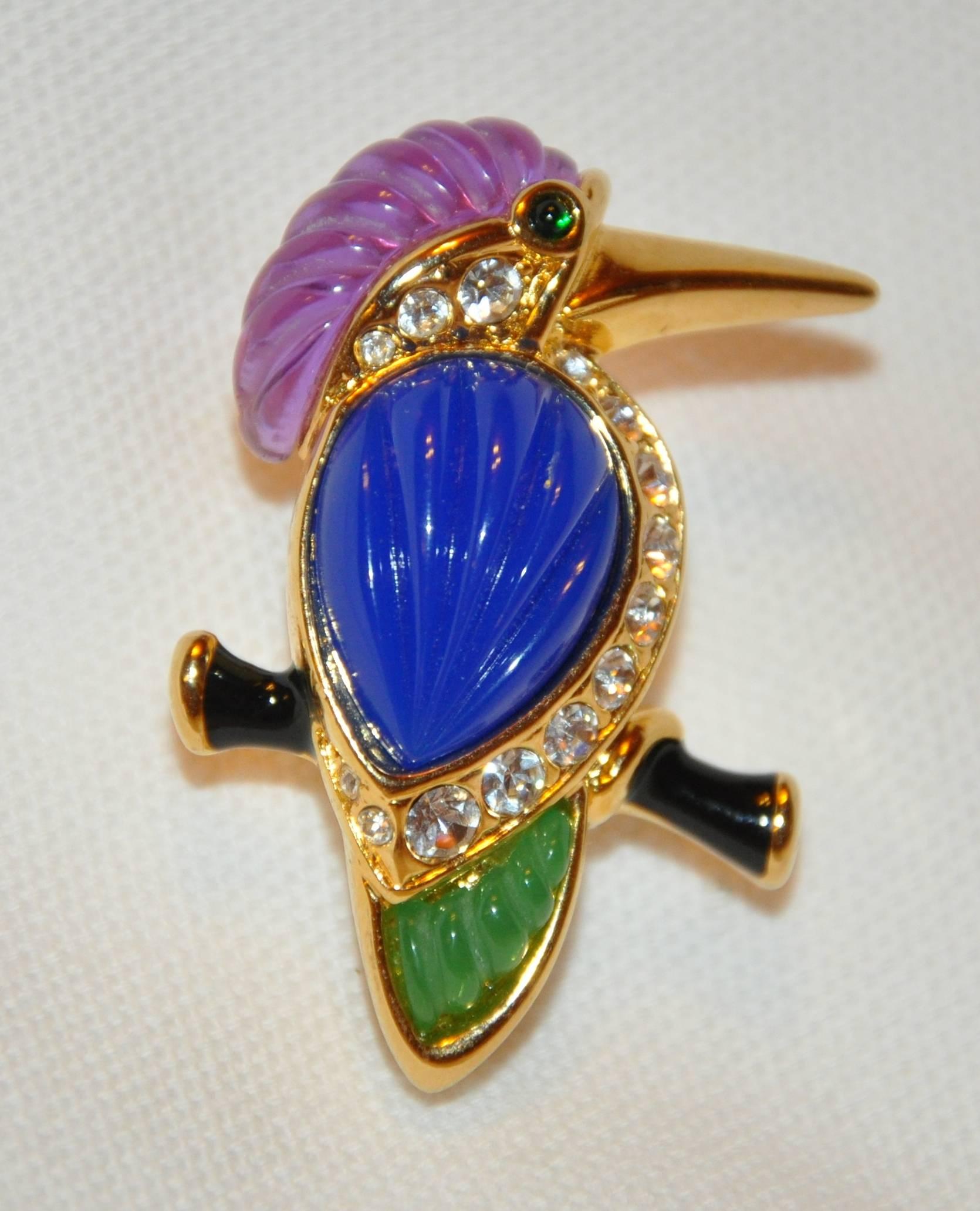        Kenneth Jay Lane wonderfully large whimsical multi-color "Bird" brooch set with faux lapis, faux emeralds, faux jadeite and lavender, as well as black enamel and accented with scattering of faux diamonds in gilded polished vermeil