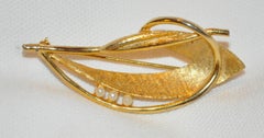 Gilded Textured Gold Vermeil Hardware with Faux Pearls "Leaf & Vine" Brooch