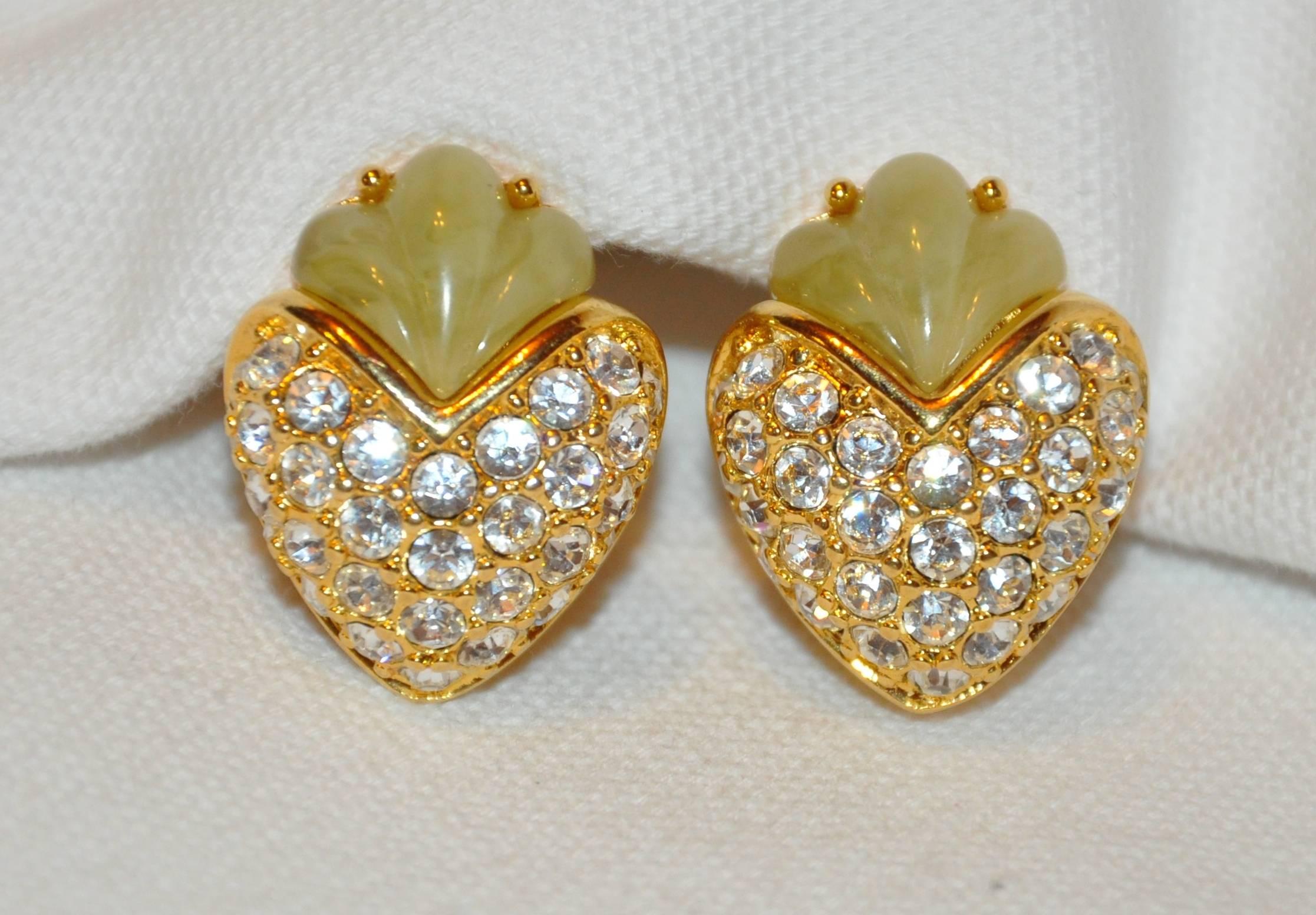      Simply elegant, these "Chestnut"style clip-on earrings of gilded polish gold vermeil hardware is accented with faux jadeite and rhinestones. They measure 1" x 6/8". Made in USA.