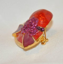 Gilded Gold Vermeil Hardware with Red Enamel "Floral Hat" Brooch