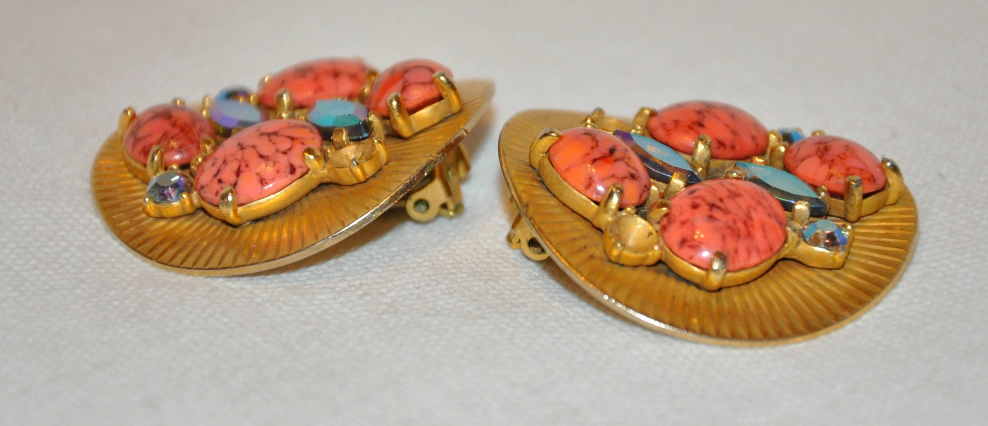 Schiaparelli Large Multi-Color Gilded Gold Clip-On Earrings In Fair Condition For Sale In New York, NY