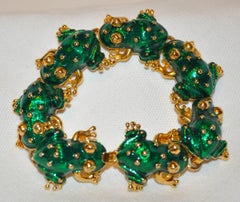 Kenneth Jay Lane "Limited Edition" Green Enamel Multi-Frogs Link Bracelet