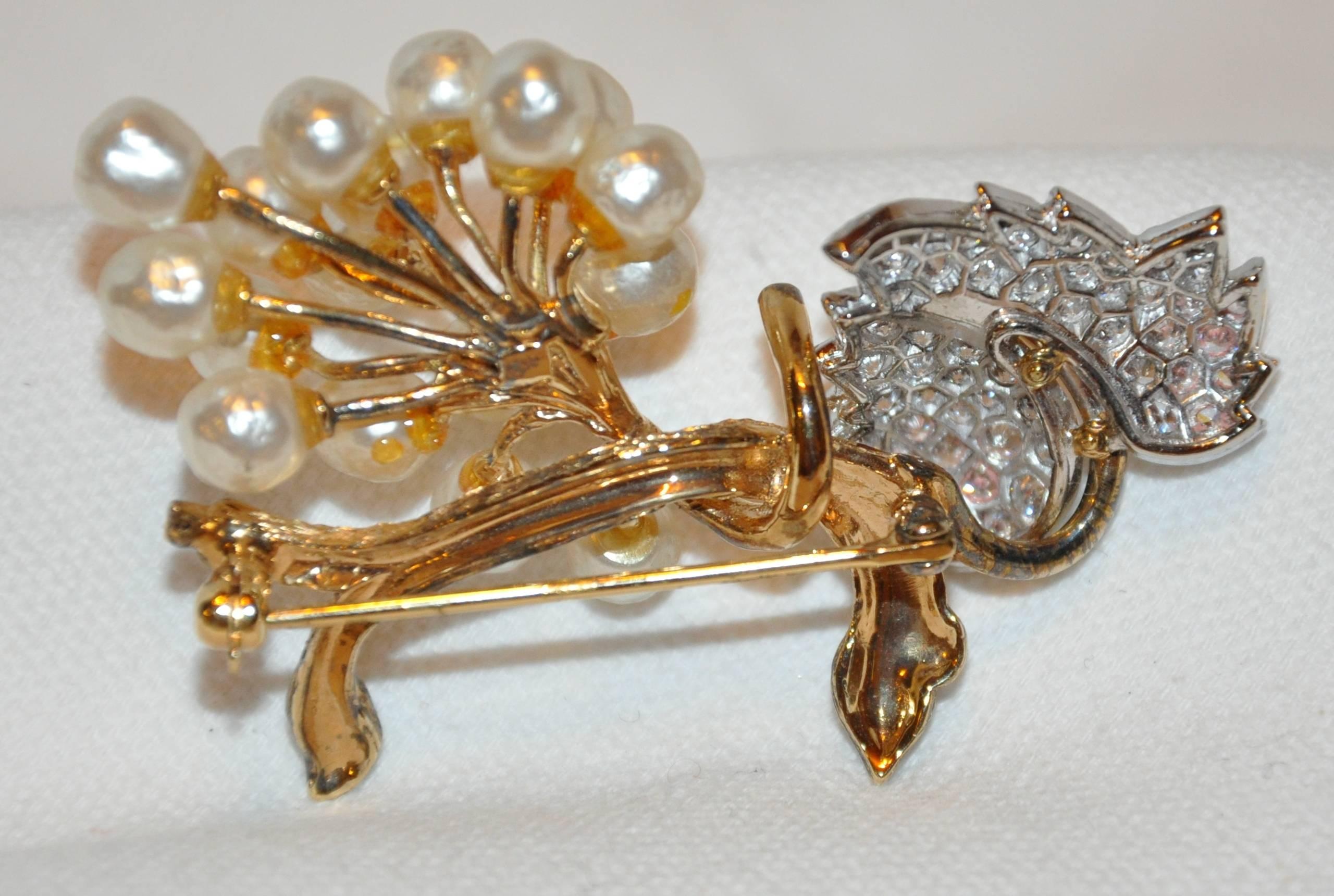 Stunning Faux Pearls with Faux Brilliant Diamonds Floral & Leaves Brooch In Good Condition For Sale In New York, NY