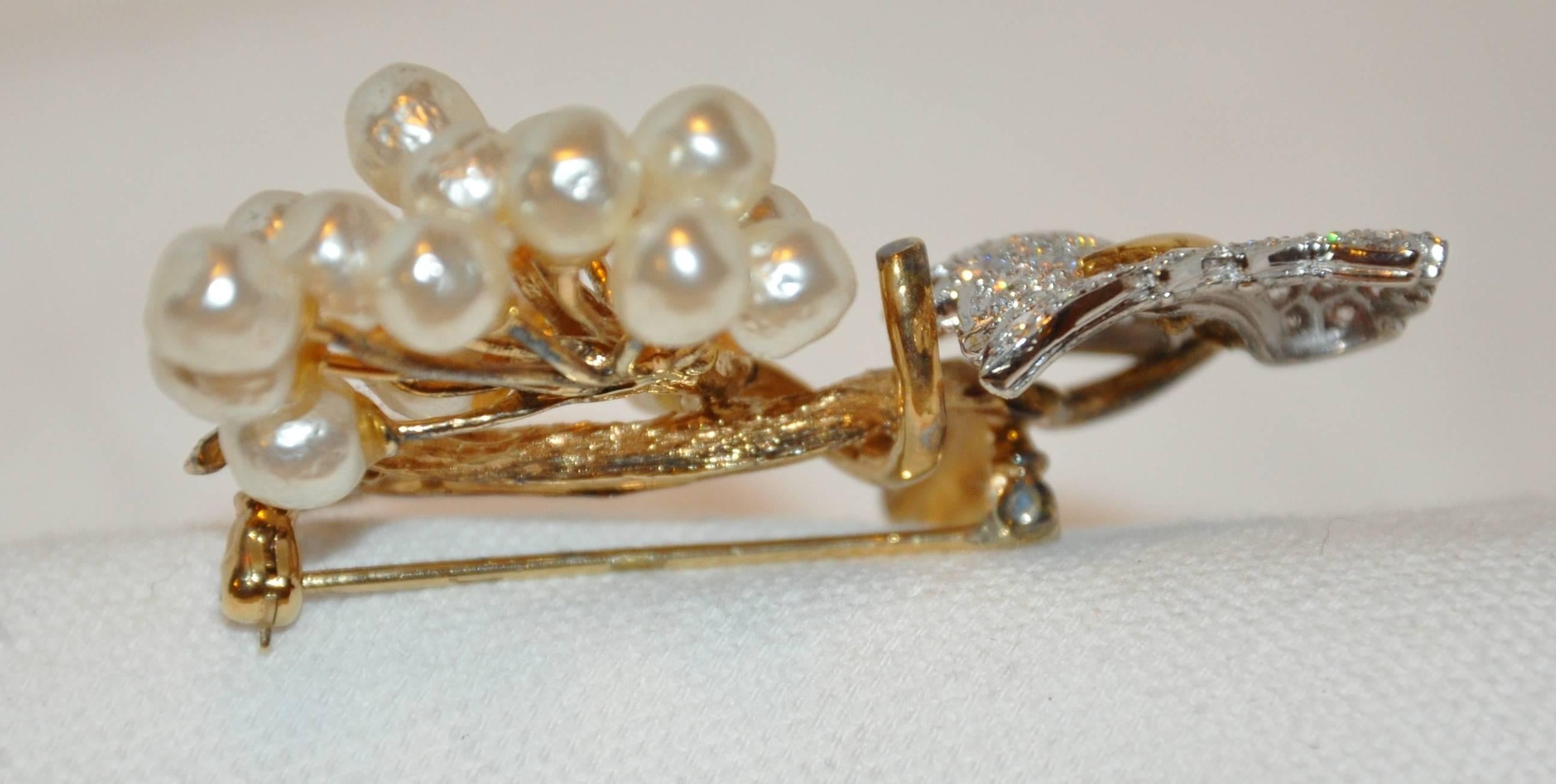 Women's or Men's Stunning Faux Pearls with Faux Brilliant Diamonds Floral & Leaves Brooch For Sale