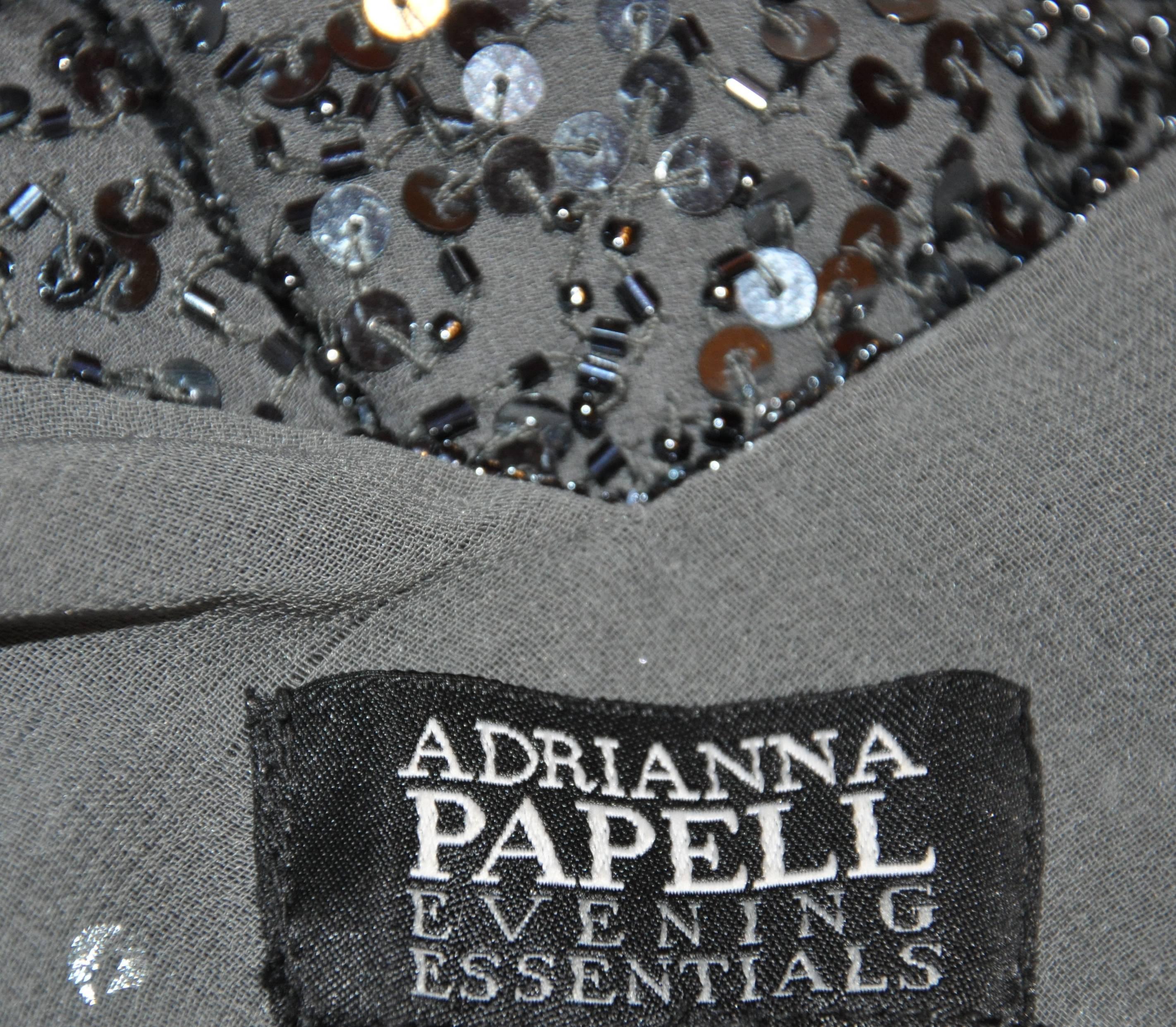 Adrianna Papell Charcoal Gray Silk Chiffon Micro Beaded Deep V-Neck Top In Good Condition For Sale In New York, NY