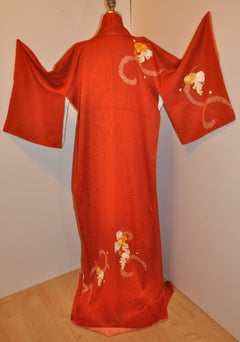 Japanese Burnt Orange Floral Silk "Grape Leaves & Grapes" Kimono
