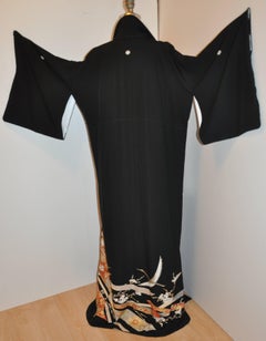 Japanese Black Silk Kimono Accented with "Cranes In Flight" Borders