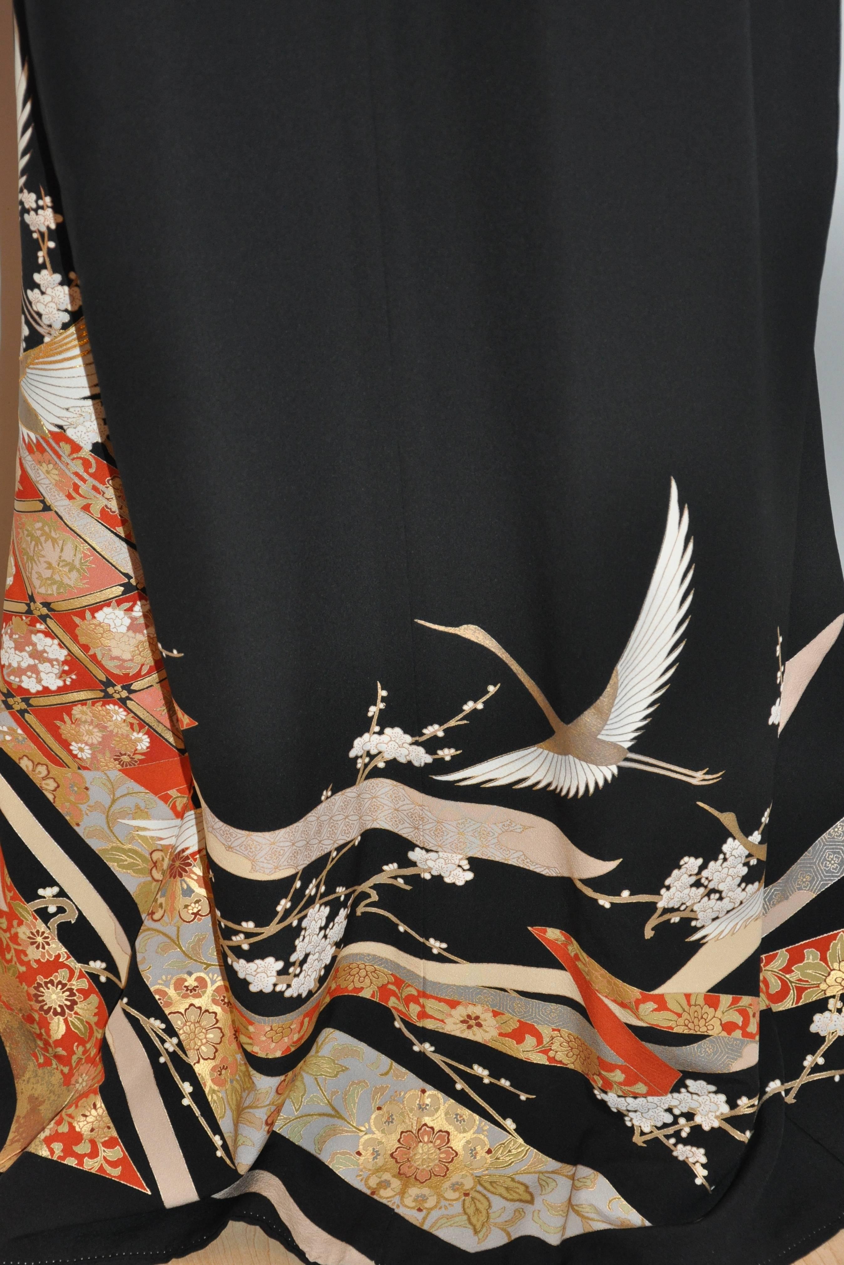 Japanese Black Silk Kimono Accented with 