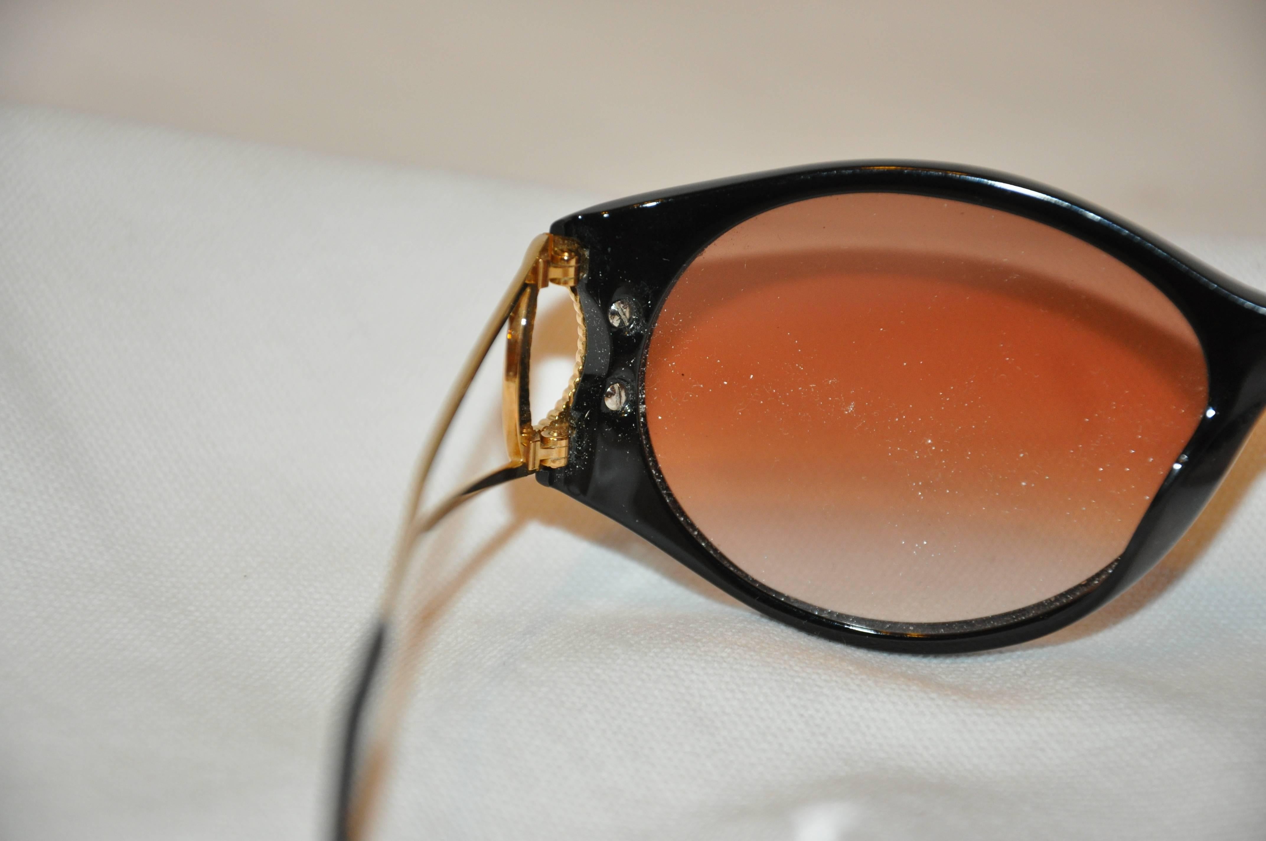 Christian Dior Black Lucite Glasses Accented with Etched Gilded Gold 