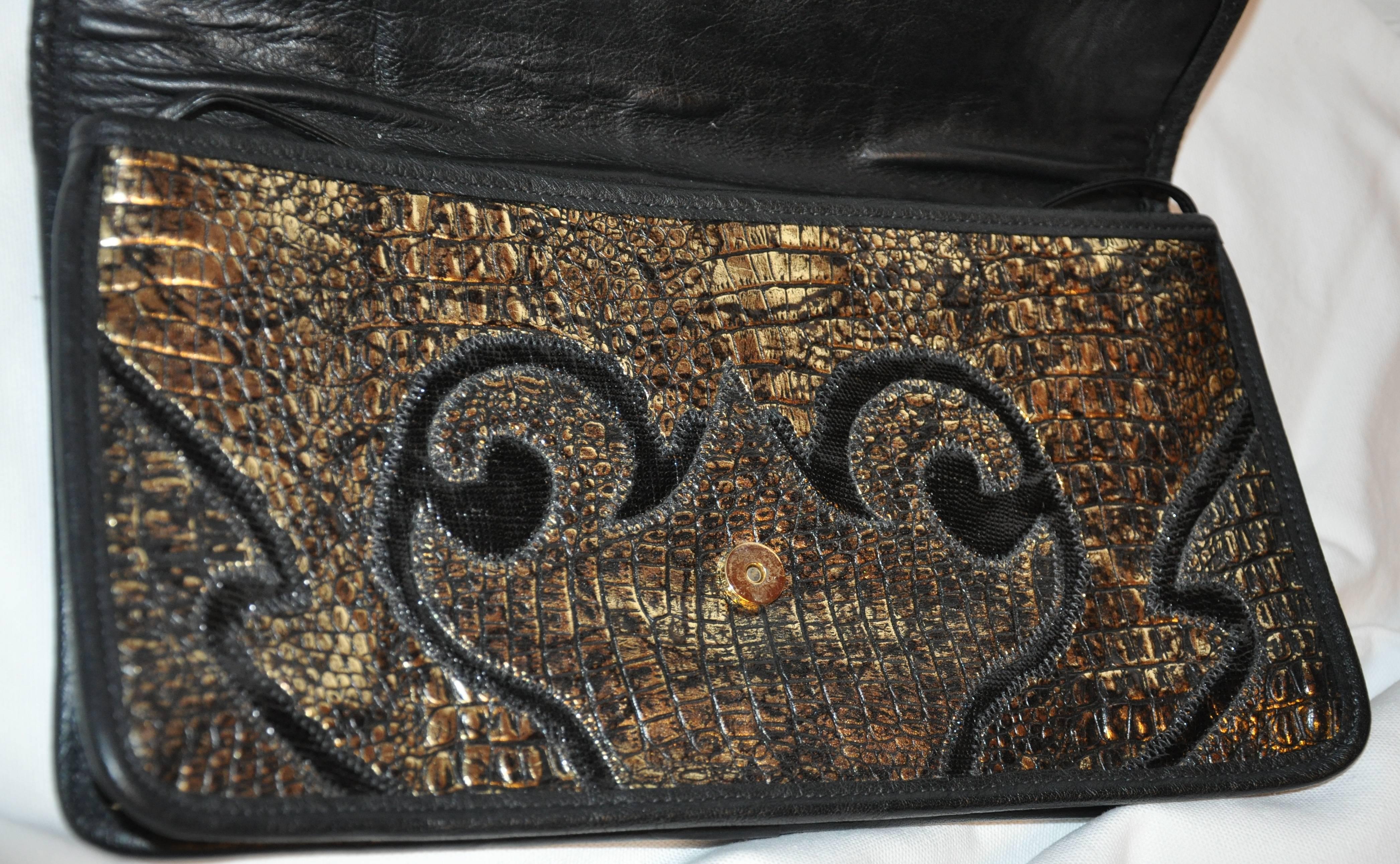 Women's or Men's Carlos Falchi Black & Gold Embossed Alligator Calfskin Clutch/ Shoulder Bag For Sale