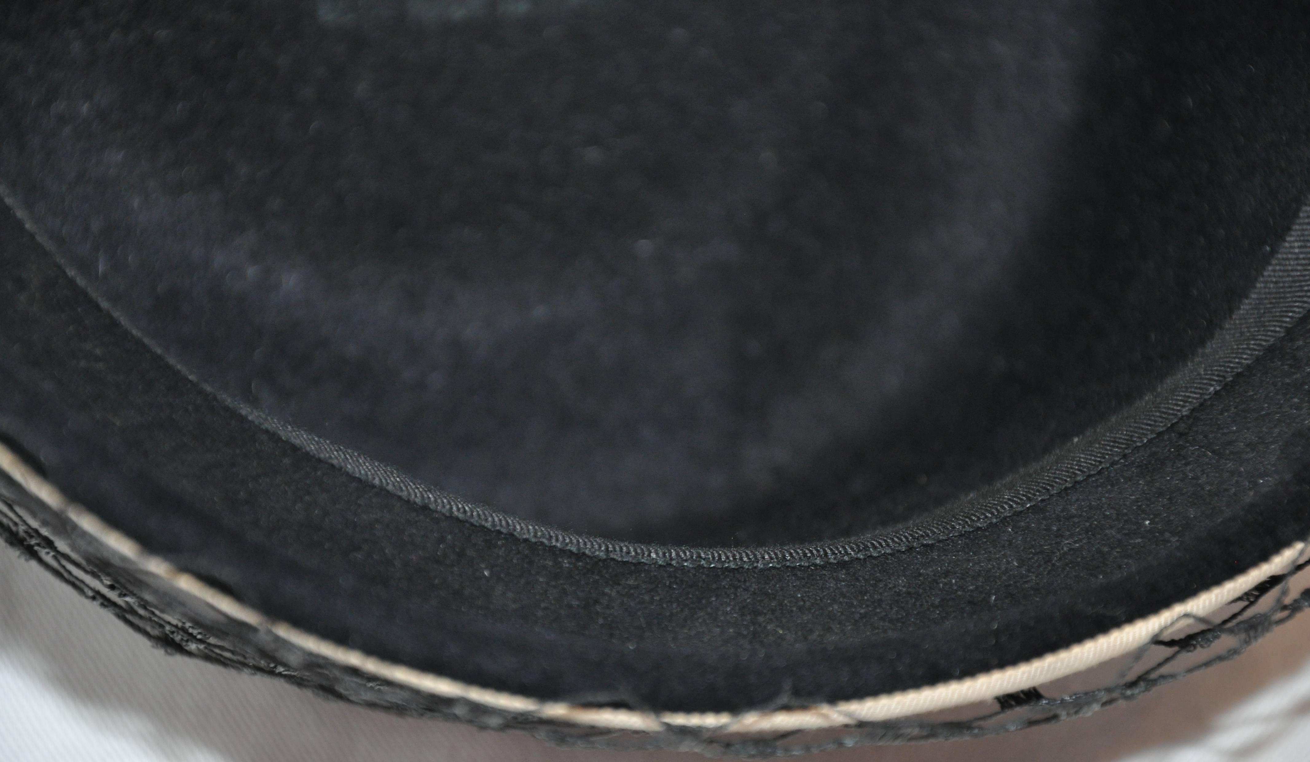 Tall Black Wool Felt Detailed with Brown and Beige Accent Netted Hat 1