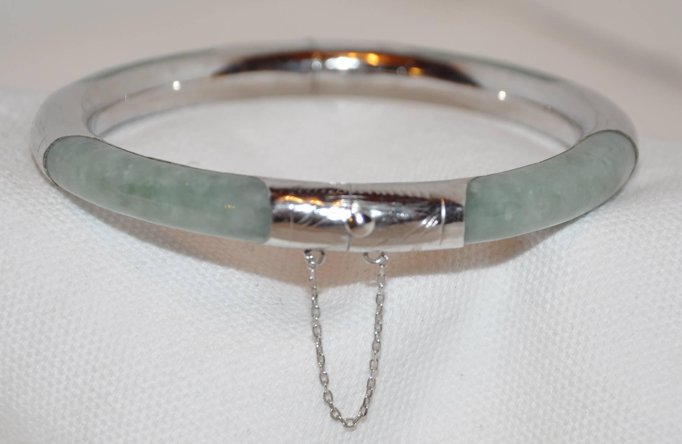Women's or Men's Jadeite Accented with Detailed Etched Sterling Silver Bracelet