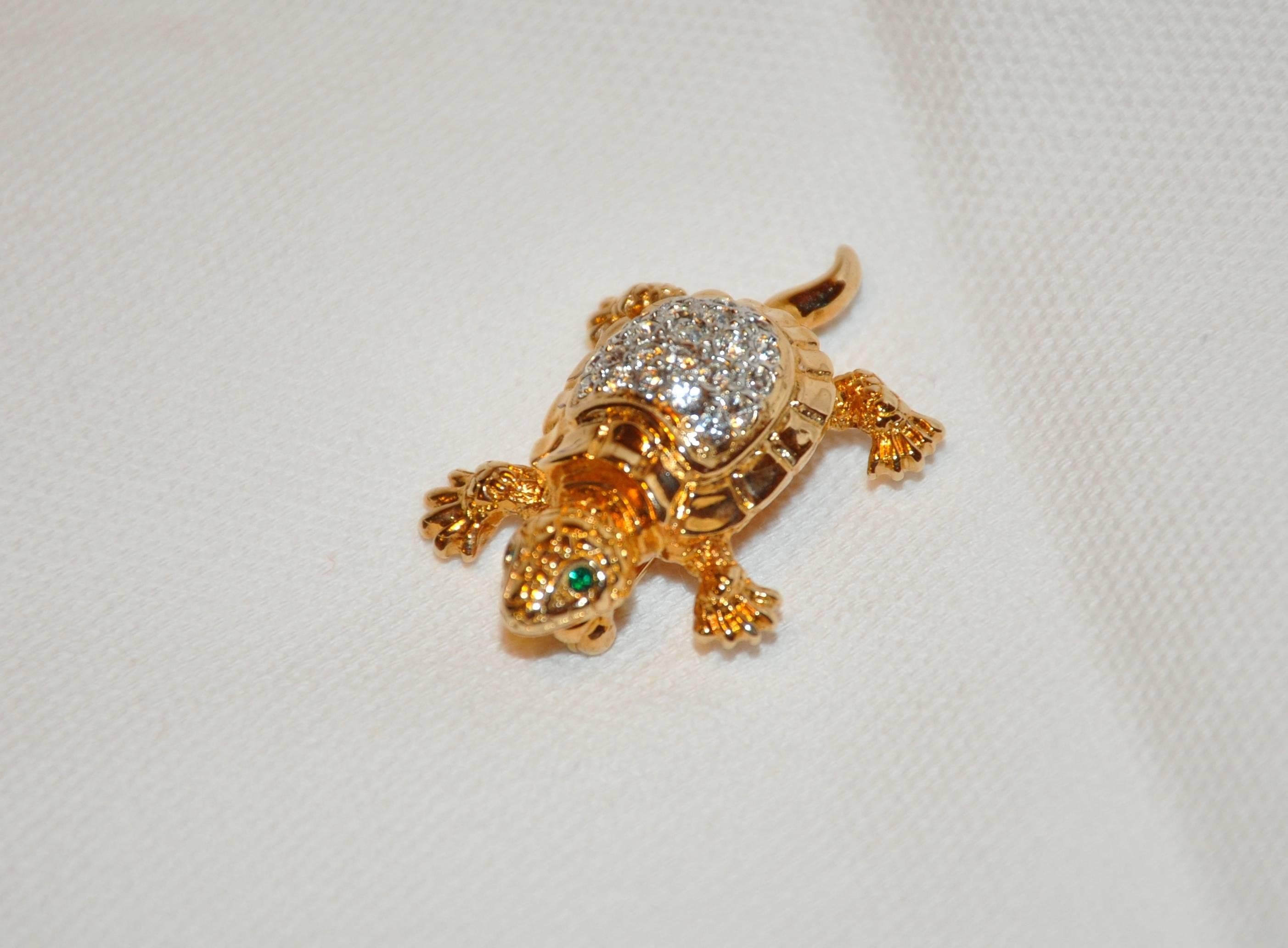      Van Dell wonderfully detailed "Turtle" in gilded gold vermeil hardware accented with faux diamonds and faux emeralds brooch measures 1 1/4 inches, width is 1 inch, depth is 1/2 inch, made in the US.