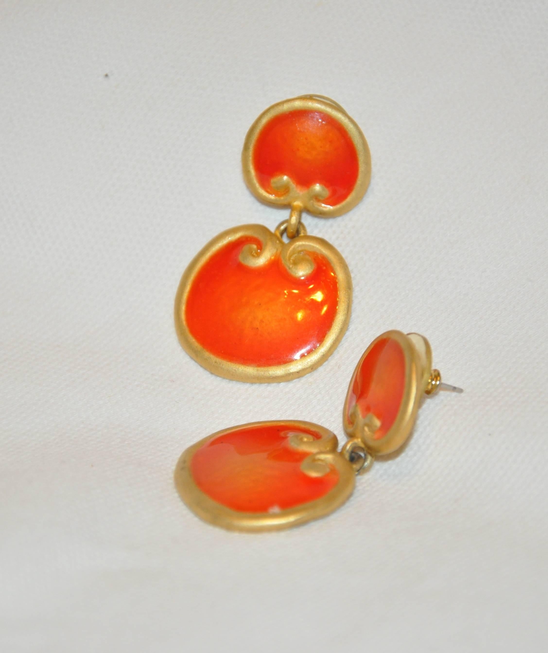 Baroque Revival Gilded Gold Vermeil Hardware with Tangerine Enamel Earrings For Sale