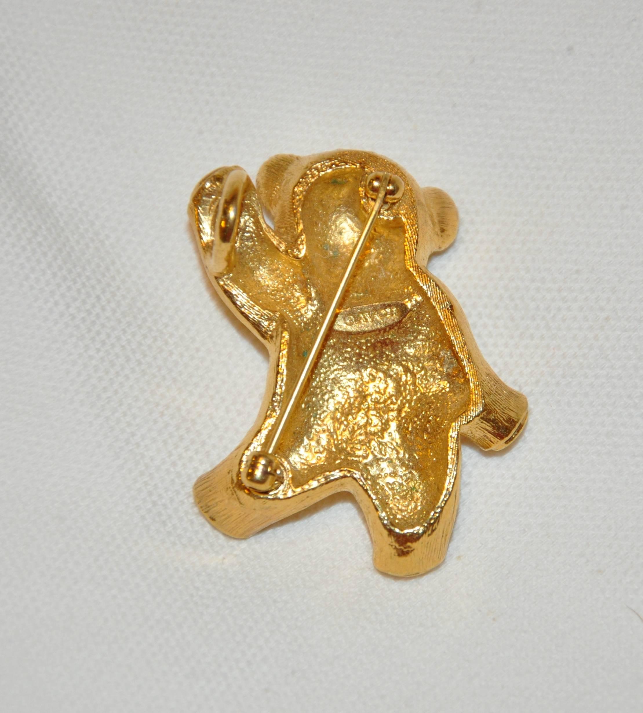        This wonderful large whimsical polished gilded gold vermeil "Teddy" Bear has the option to wear as a brooch as well as a pendant. This whimsical Teddy is accented with multi faux diamonds and measures 1 6/8 inches in length, width