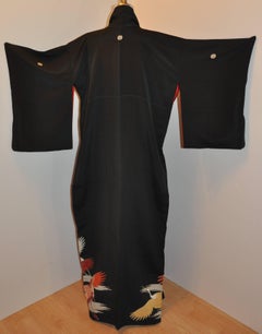 Black "Multi Cranes In Flight" Japanese Silk Kimono