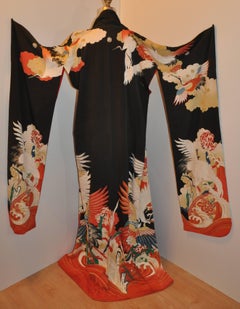 Stunning Multi-Colors "Cranes Among Heaven & Earth" Black Silk Kimono