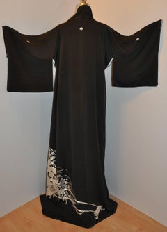 Black with Silver Embroidered "Wagon Filled With Floral" Silk Kimono