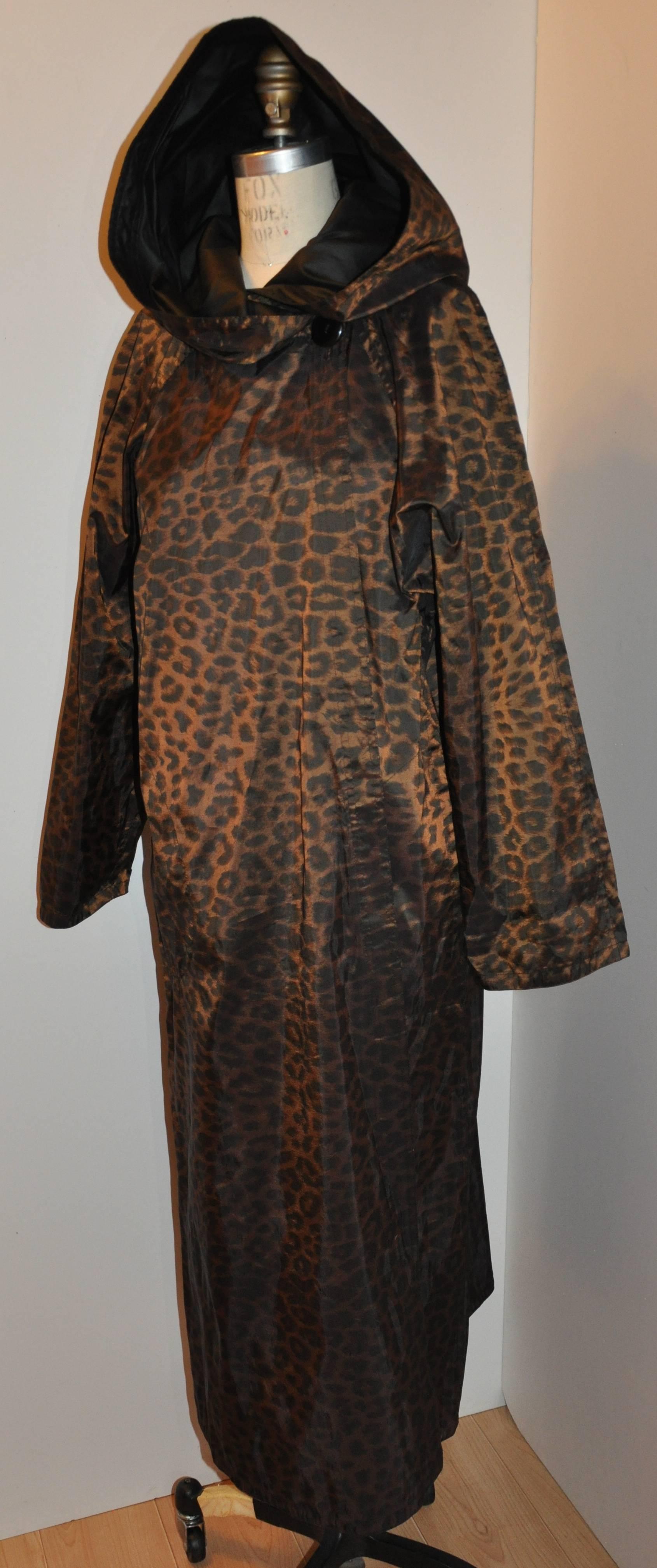 Women's or Men's Floor-Length Reversible Black & Leopard Print Hooded Raincoat