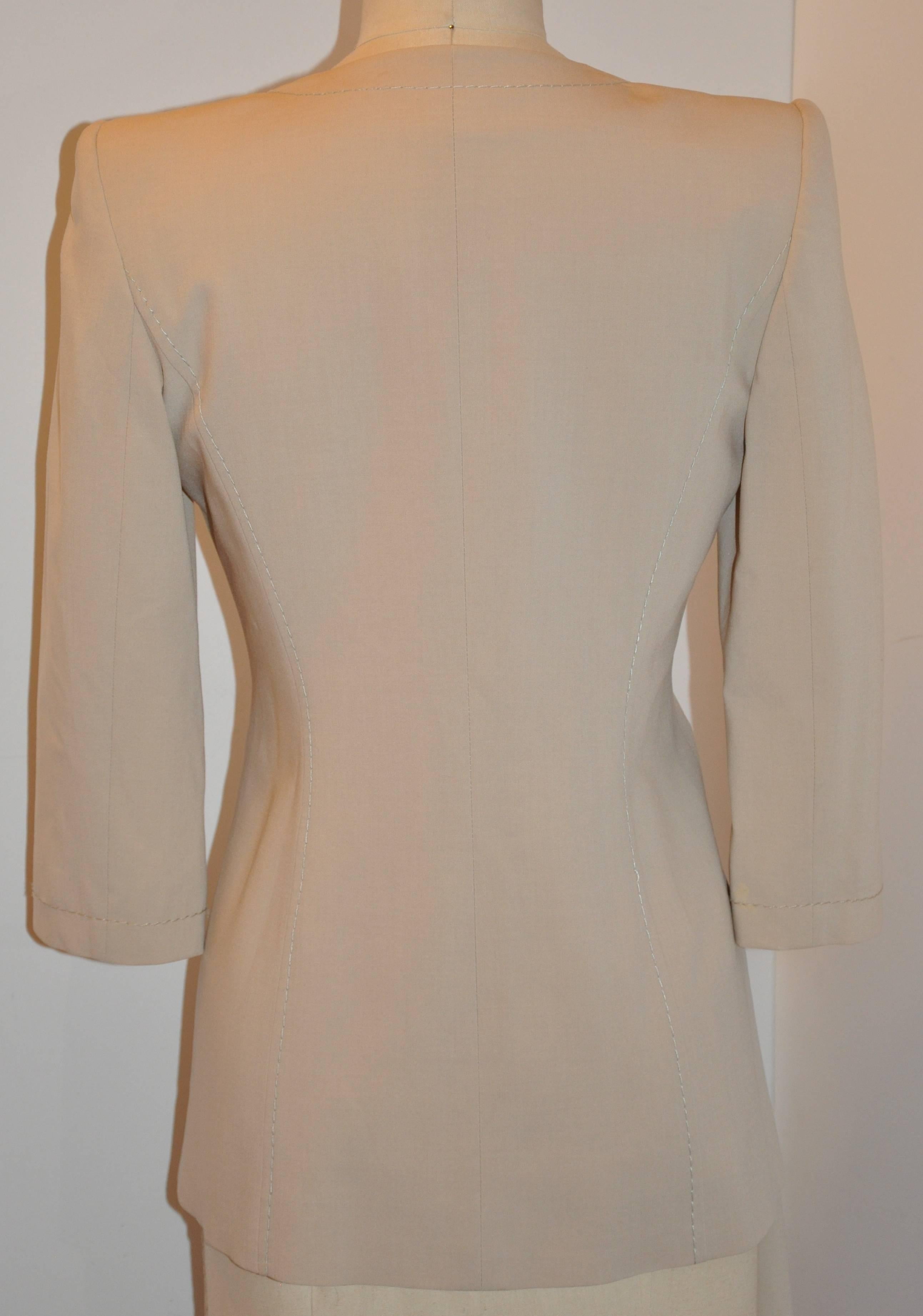 Gianfranco Ferre Silk Beige Tapered Pantsuit with Three-Quarter Sleeves For Sale 2