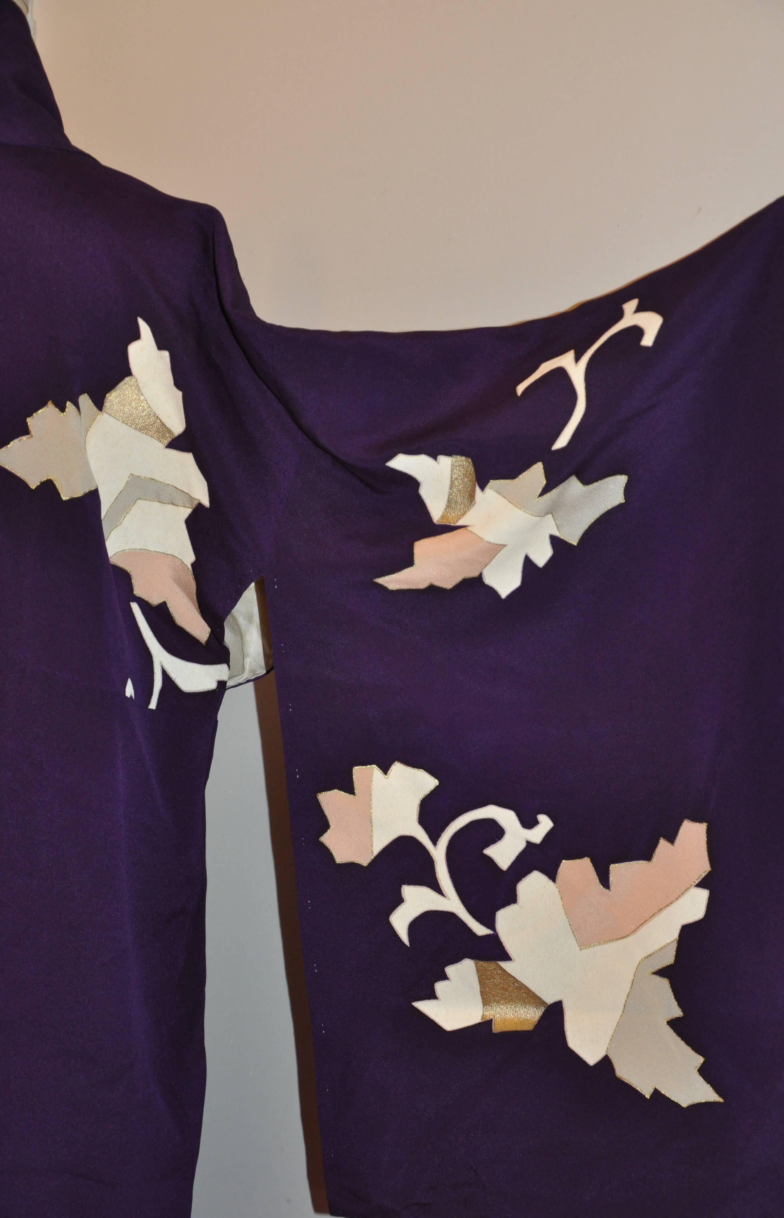 Japanese Deep Plum Accented with Geometric Floral Silk Kimono For Sale 1