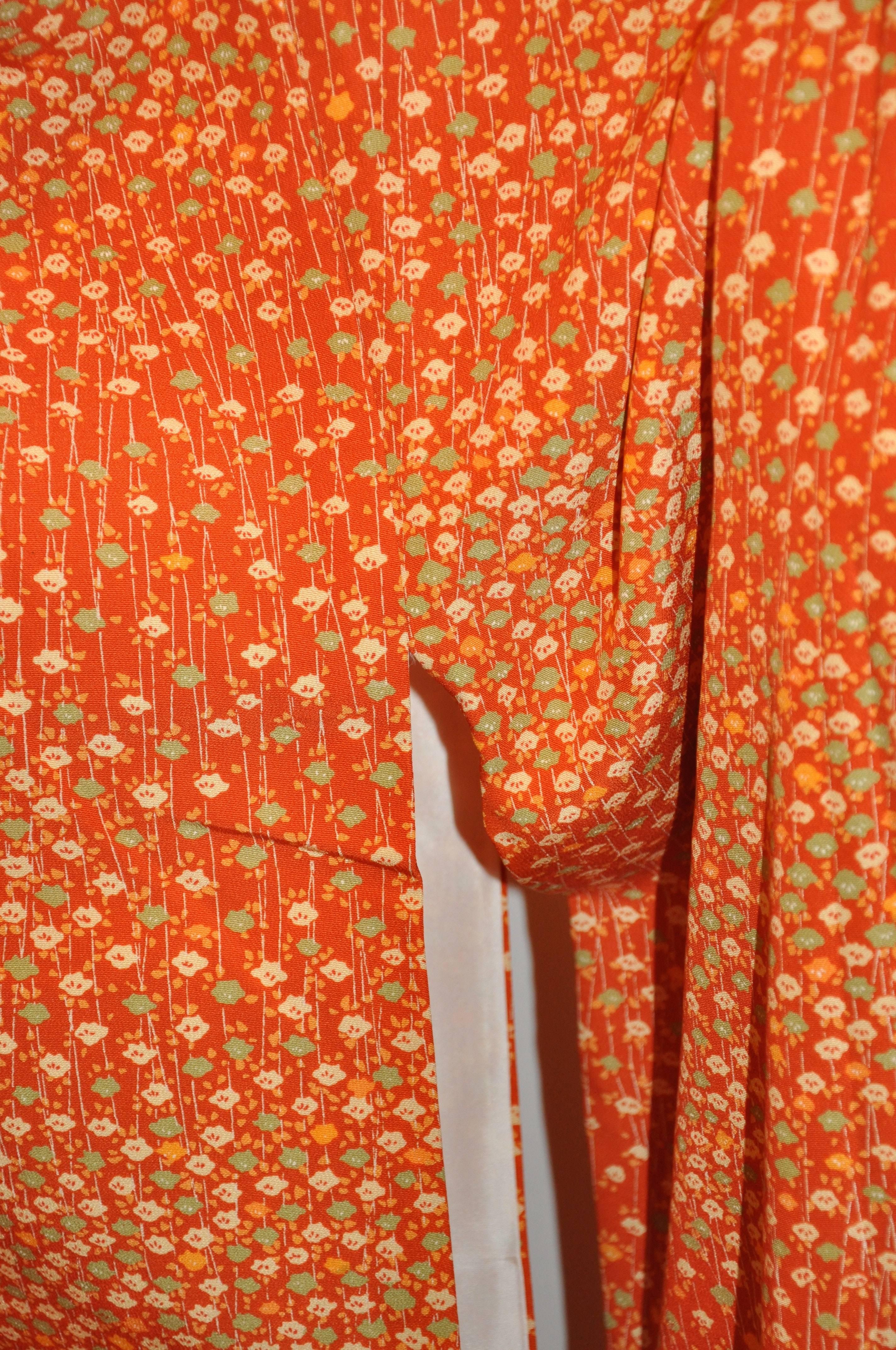 Orange Warm Tangerine Multi-Micro Floral Silk Japanese Kimono For Sale