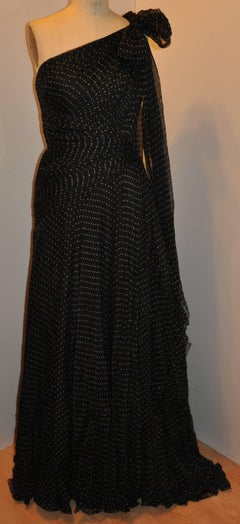 Georgio Armani Multi-Layered Black Polka Dot Silk Chiffon & Train Cocktail Gown