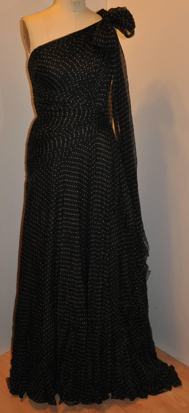 Georgio Armani Multi-Layered Black Polka Dot Silk Chiffon and Train  Cocktail Gown For Sale at 1stDibs | armani balc, black layered gown