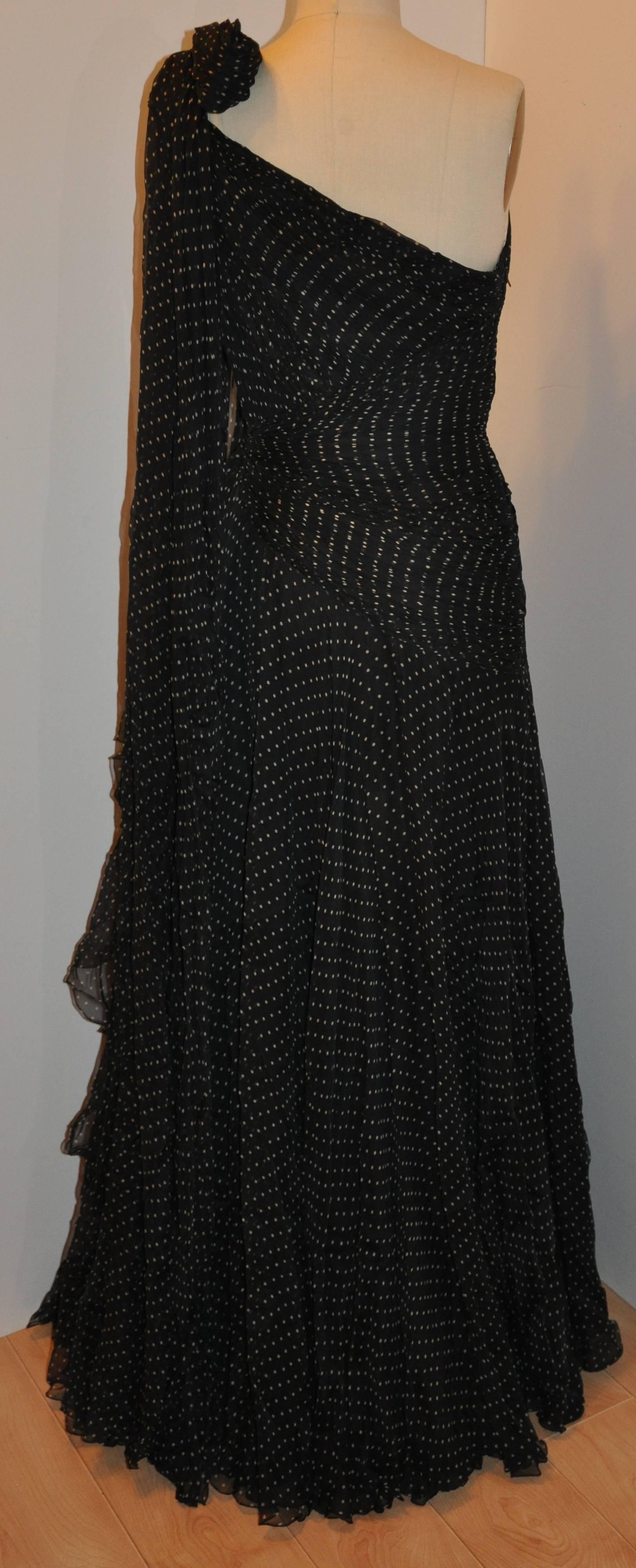 Georgio Armani Multi-Layered Black Polka Dot Silk Chiffon & Train Cocktail Gown In Good Condition For Sale In New York, NY