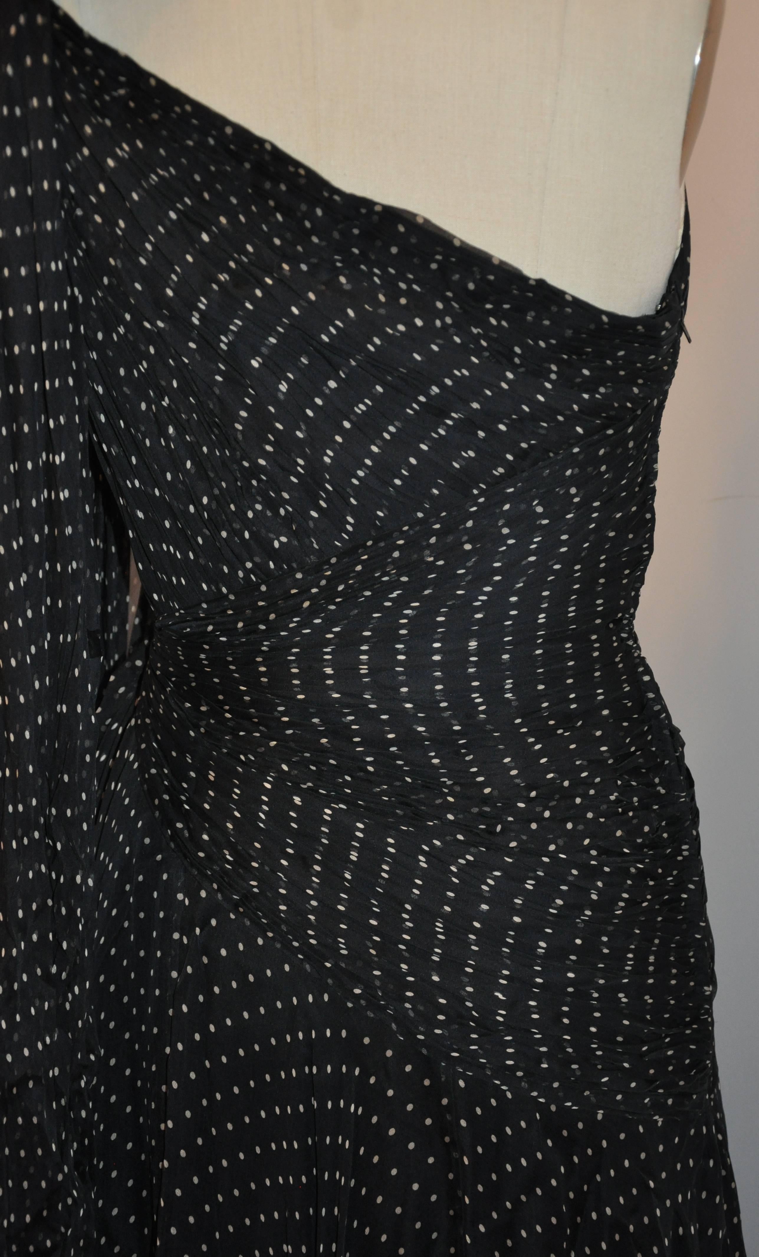 Women's or Men's Georgio Armani Multi-Layered Black Polka Dot Silk Chiffon & Train Cocktail Gown For Sale