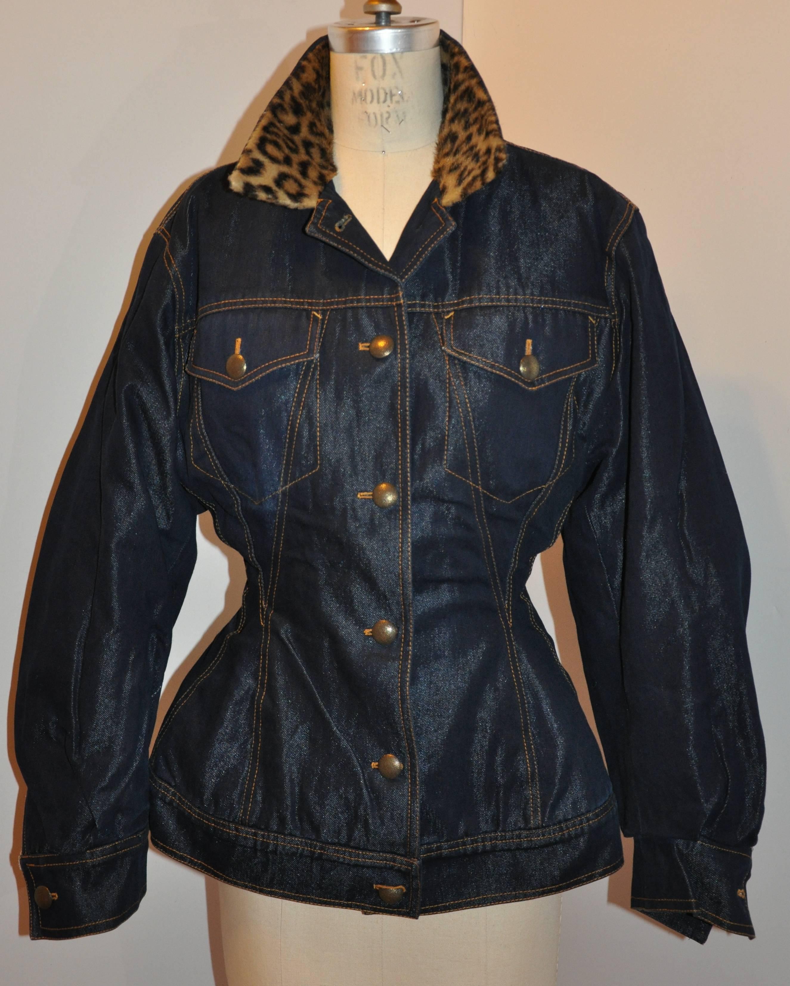 Rare Jean Paul Gaultier Sculpted Denim Jacket with Leopard Collar Button Jacket In Good Condition For Sale In New York, NY