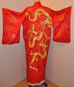 Bold Imperial Red Silk Accented with Huge "Dragon" Japanese Kimono