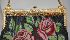 Gilded Etched Gold Tone Hardware Frame Micro Beaded "Roses" Handbag