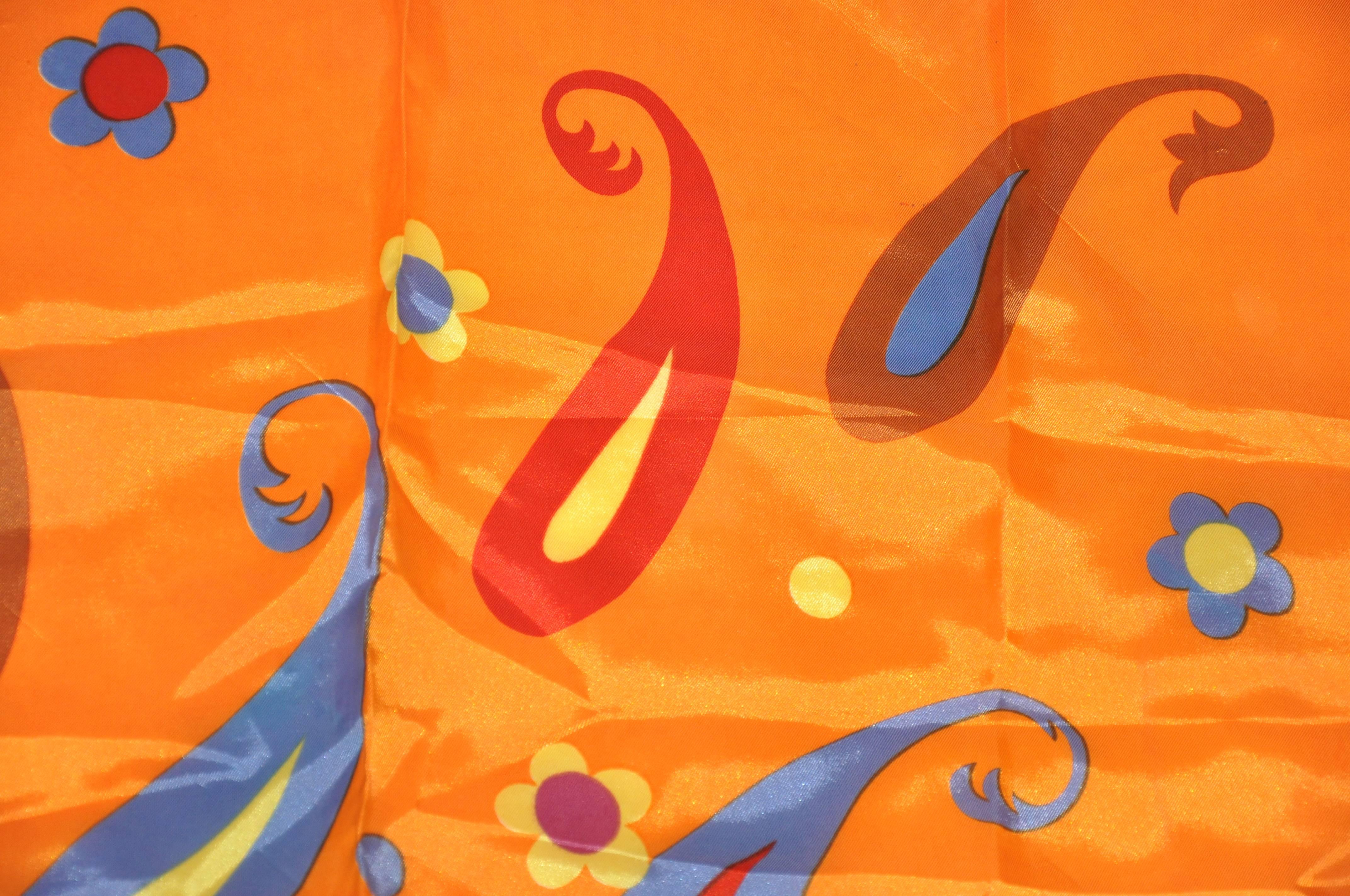 Beautifully Bold Tangerine Whimsical Multi-Color Palsey Scarf In Good Condition For Sale In New York, NY