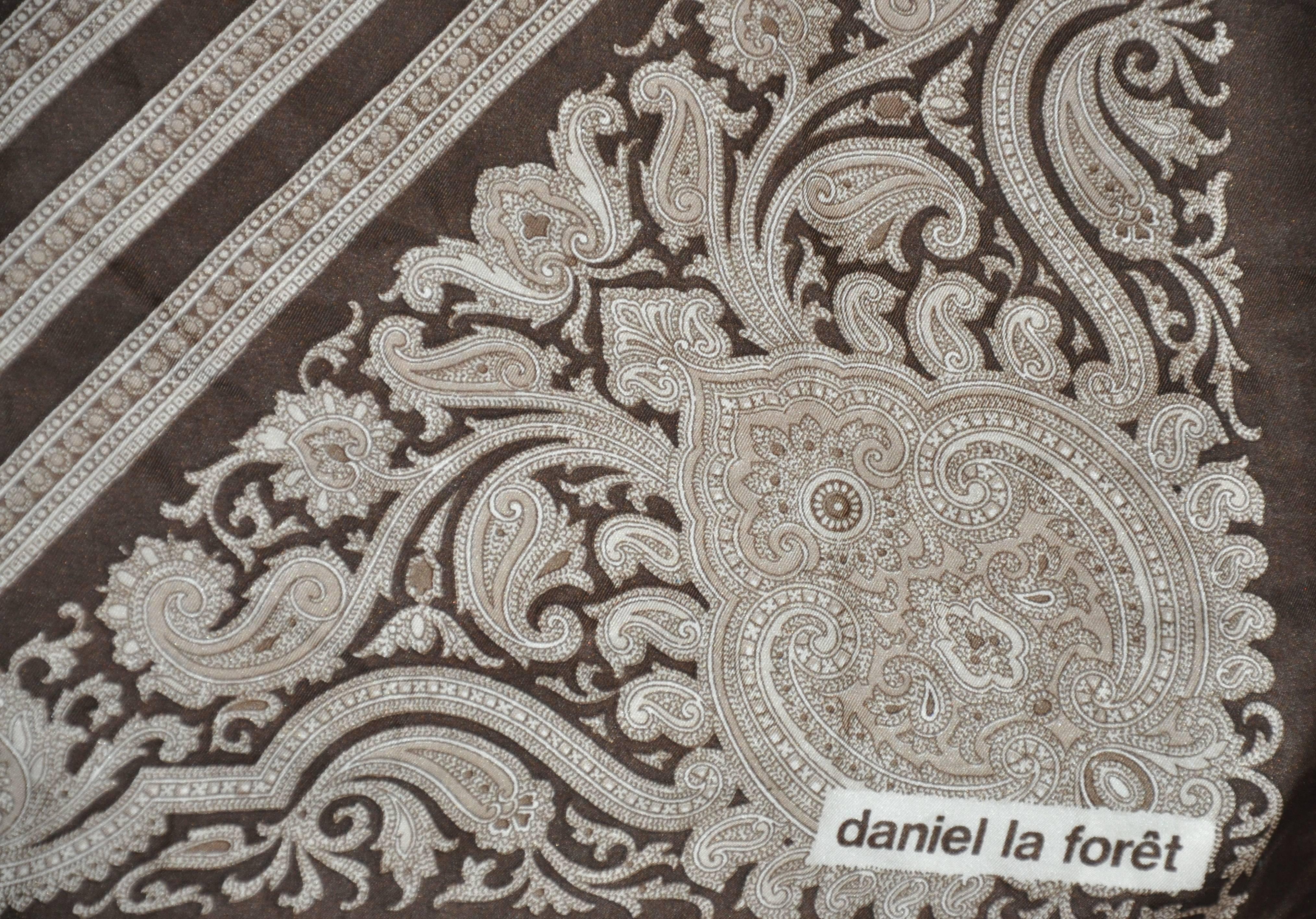        Daniel La Foret wonderfully detailed coco-brown & ivory palsey silk handkerchief accented with hand-rolled edges, measures 18 1/2 inches by 18 1/2 inches. Made in Italy.