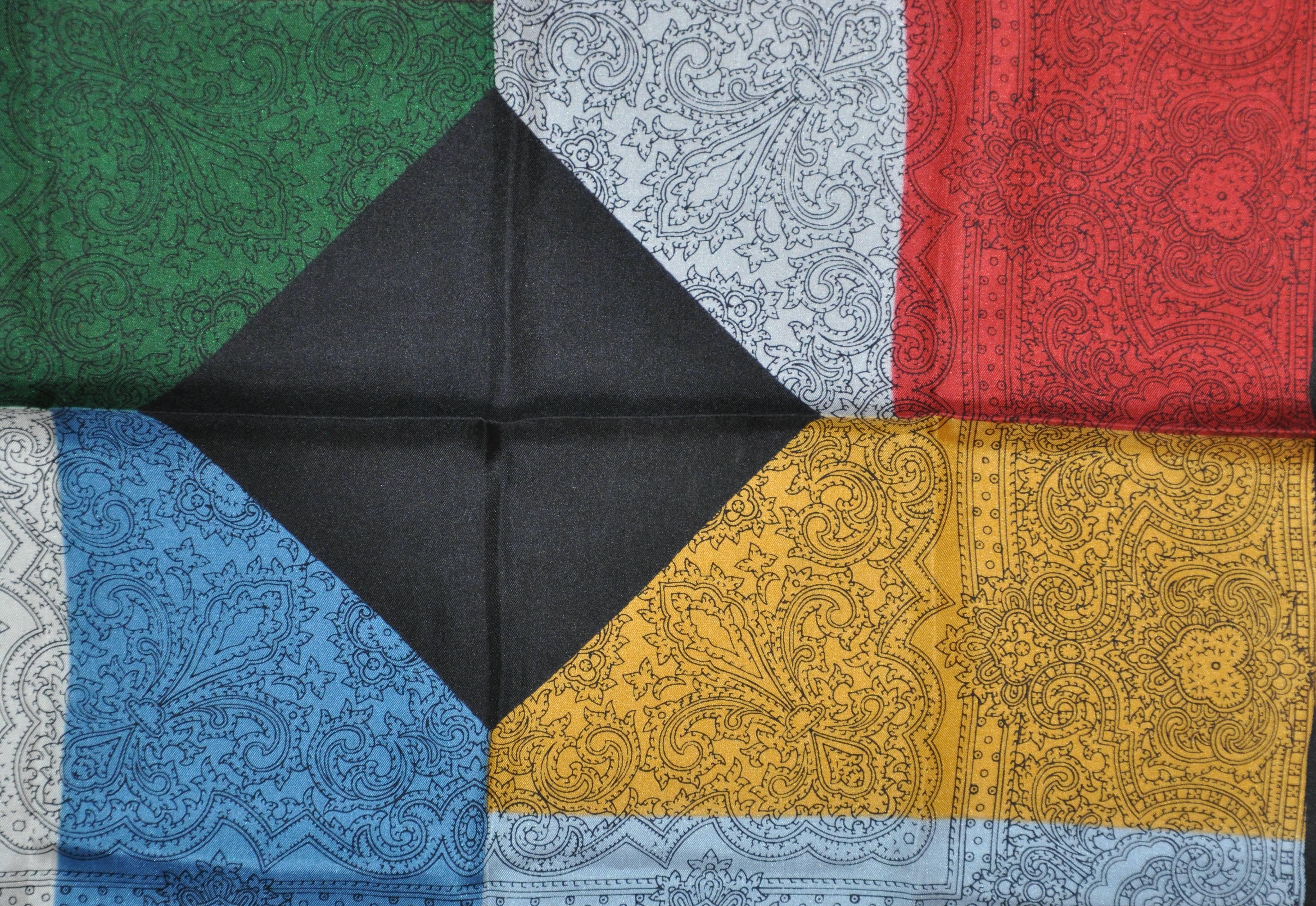 Black Dumont Multi-Color Color Block Multi Palsey Silk Handkerchief For Sale