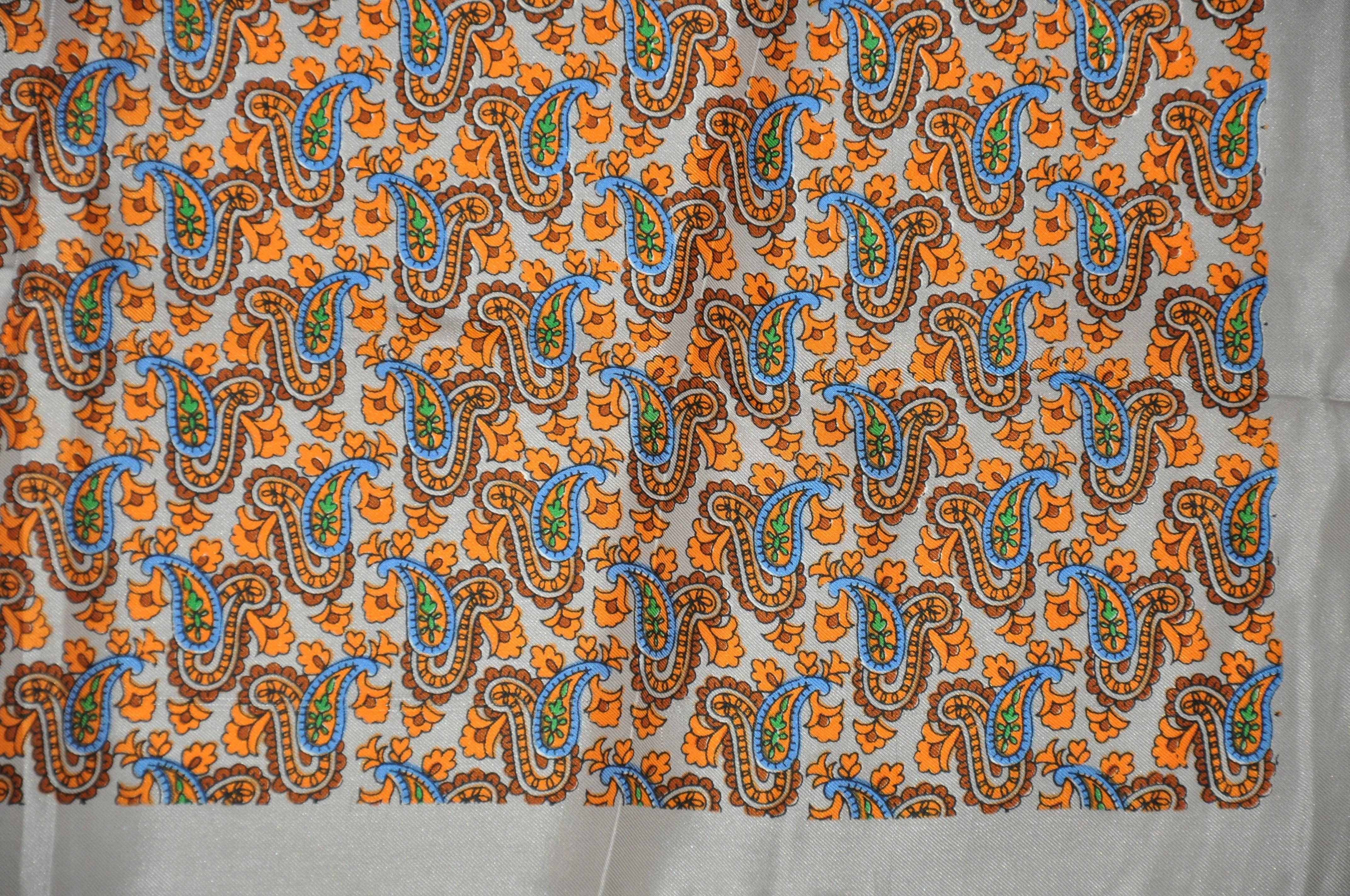 Orange Gray Border with Tangerine Hand-Rolled Edges Multi-Color Palsey Silk Scarf For Sale