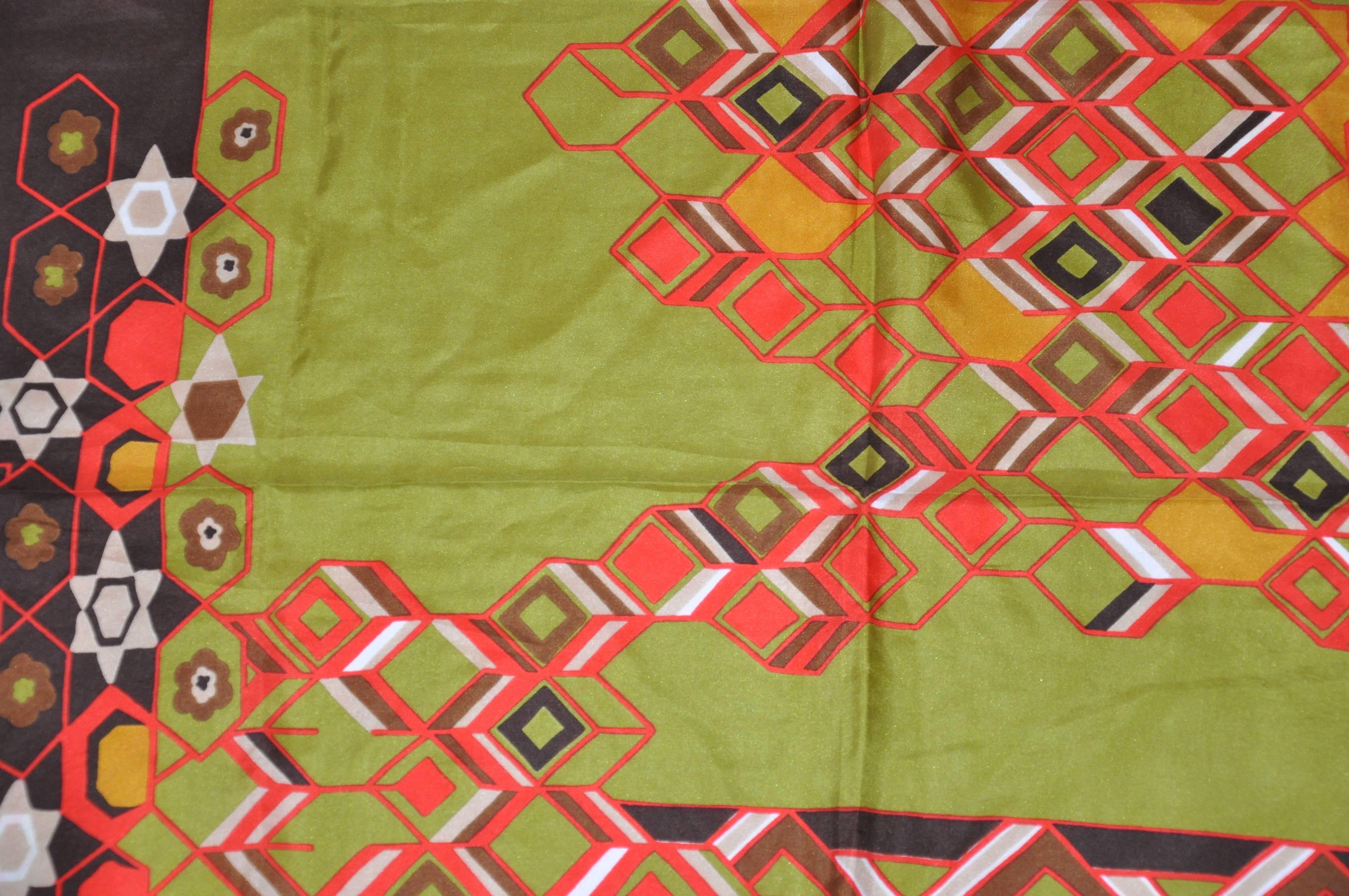 Multi Autumn Hues Abstract with Warm Brown Border Silk Scarf In Good Condition For Sale In New York, NY