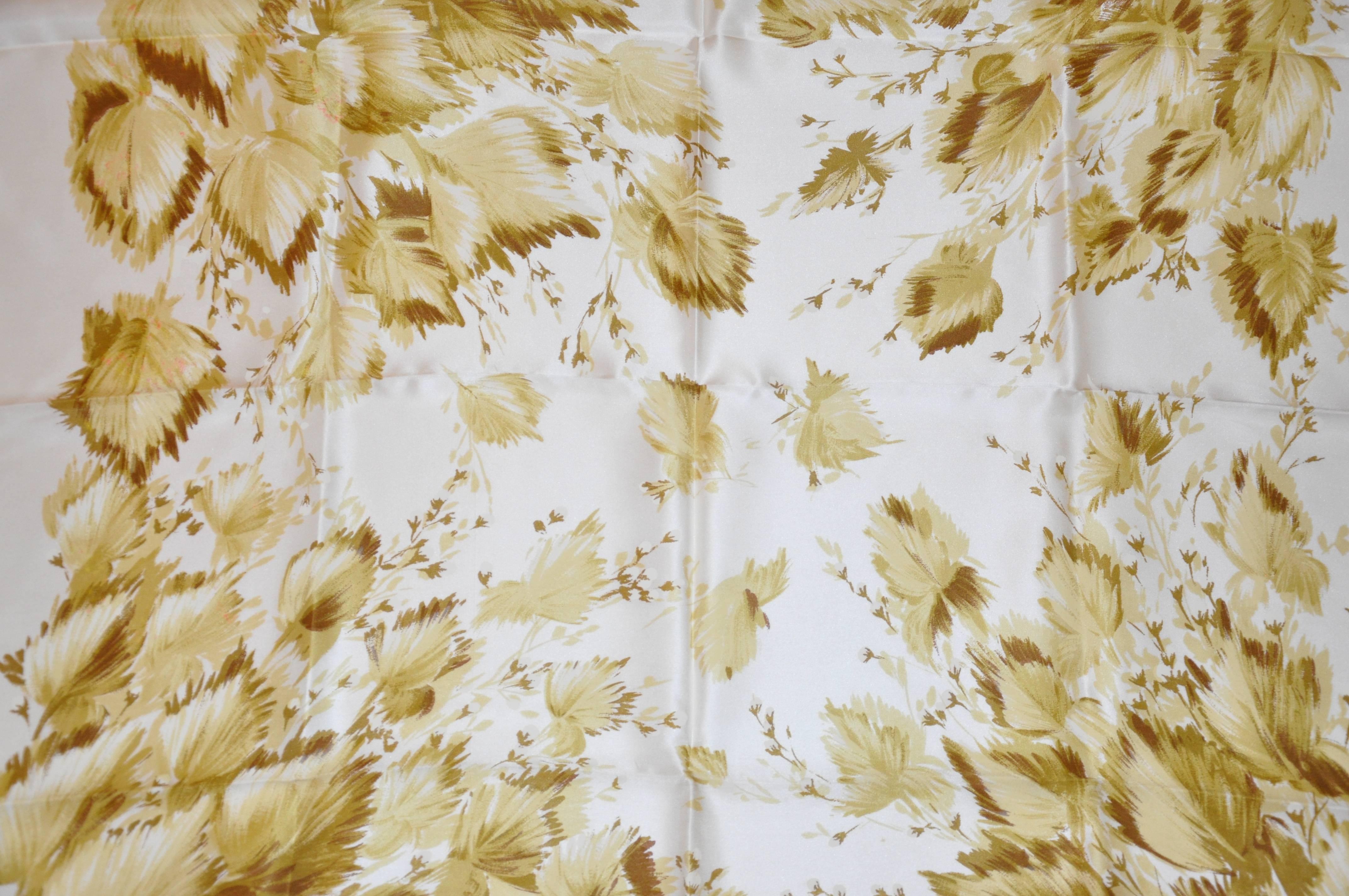 Polished Ivory and Shades of Olive & Greens Floral Silk Scarf In Good Condition For Sale In New York, NY