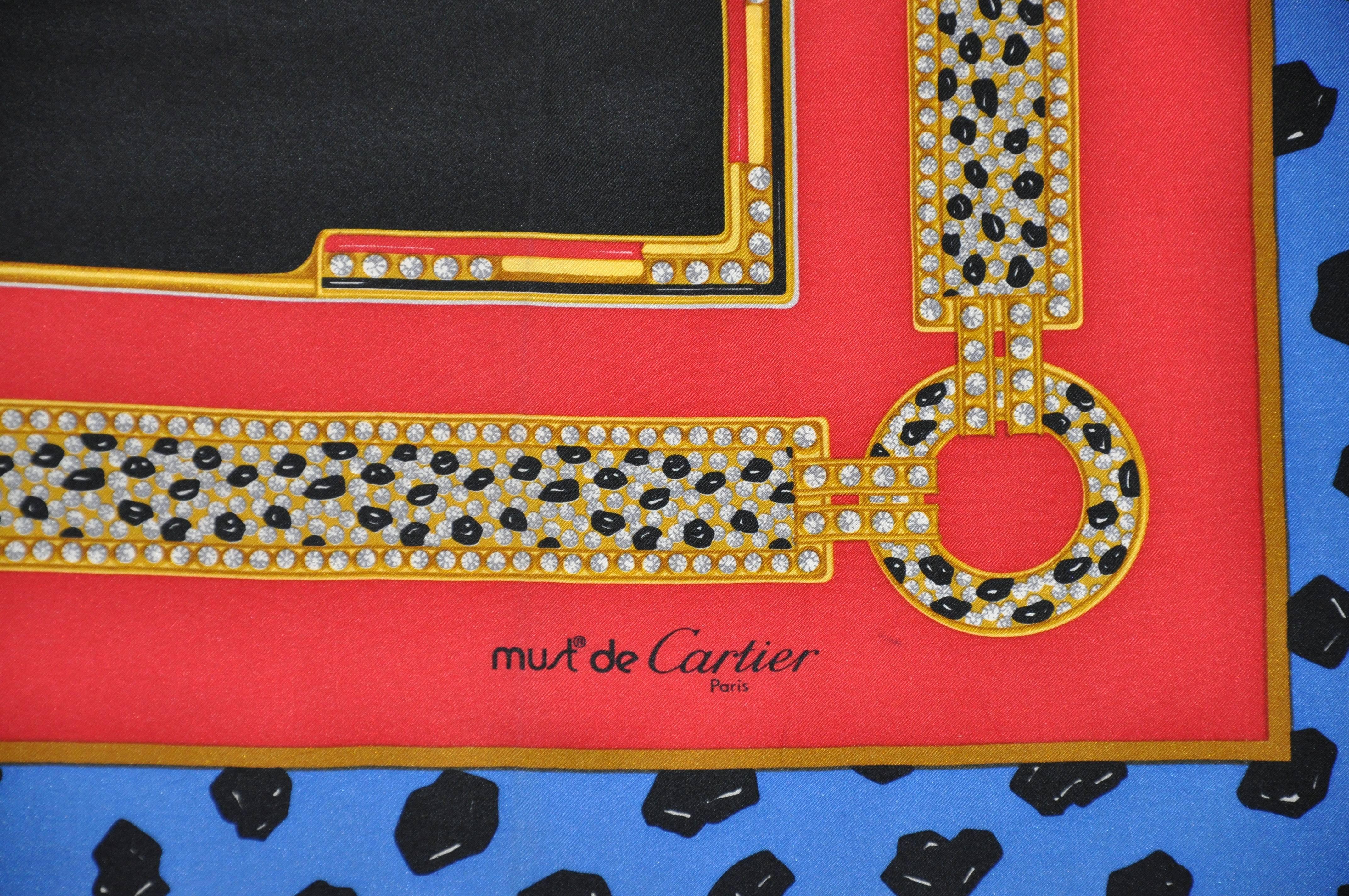 Women's or Men's Cartier Signature Lapis and Black Border Silk Jacquard Scarf