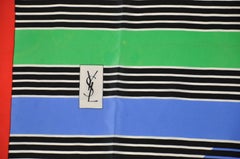 Yves Saint Laurent Multi-Color "Striped Rainbows" with Red Border Silk Scarf